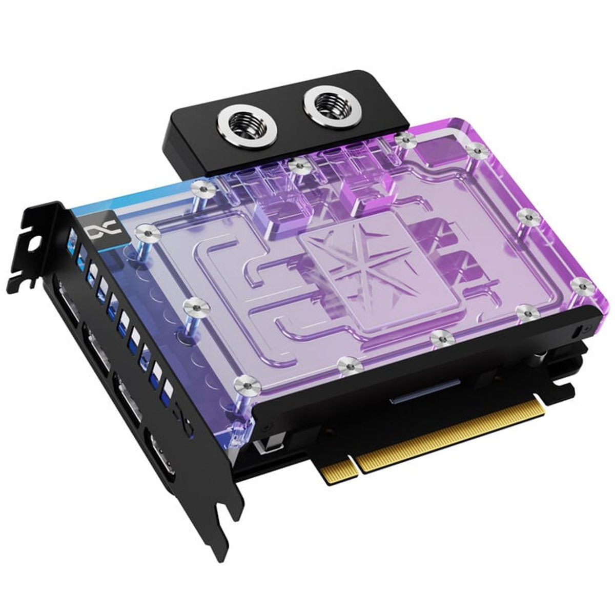 Przezroczysty, czarny i fioletowy blok wodny do karty graficznej.