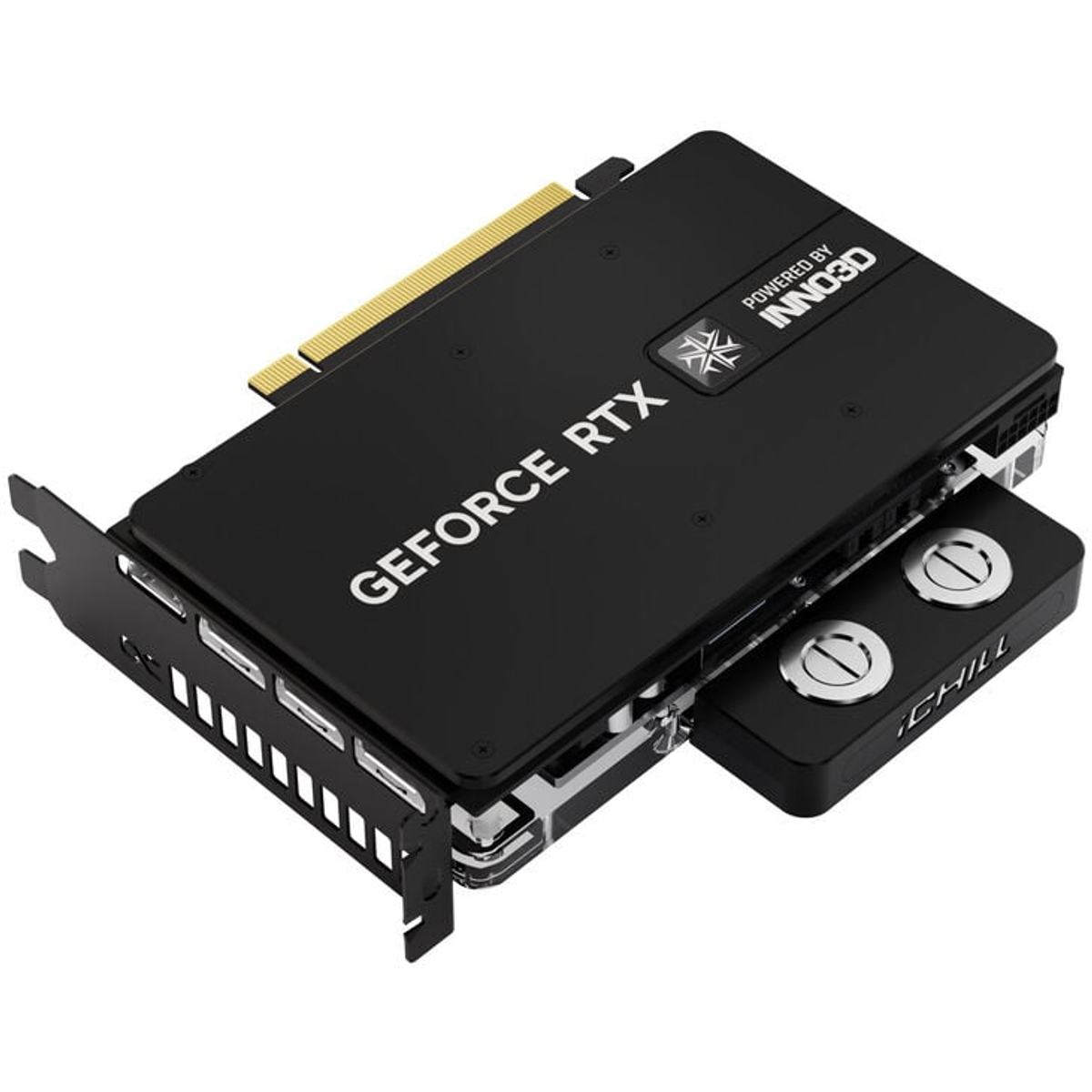 Czarna karta graficzna z logo GeForce RTX i INNO3D.
