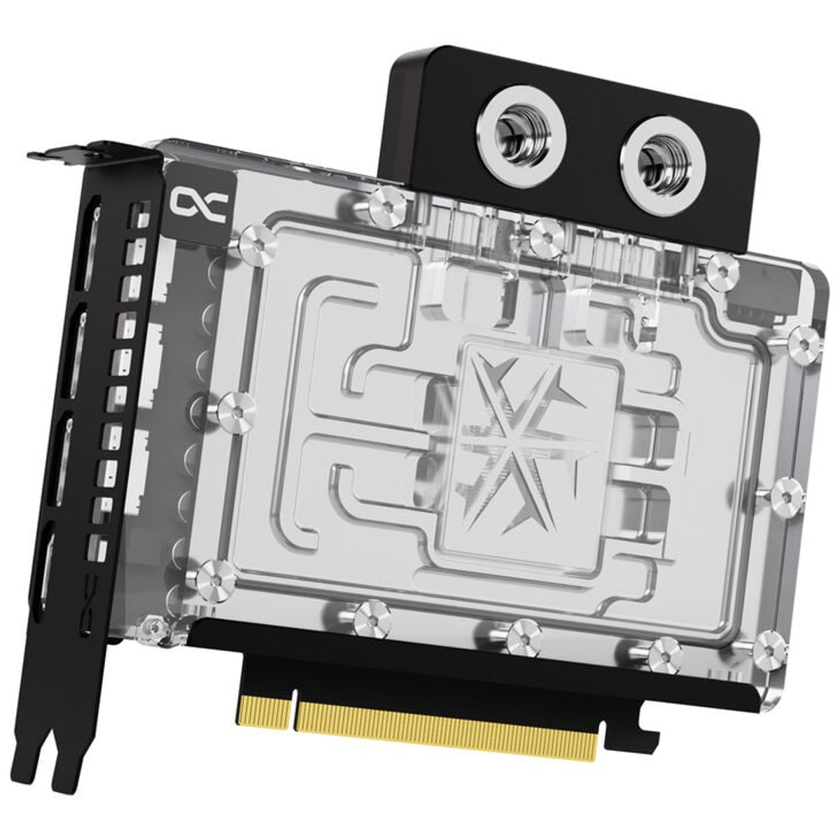 Przezroczysty blok chłodzenia wodnego komputera. Przezroczysty z czarną górą i srebrnymi okuciami.