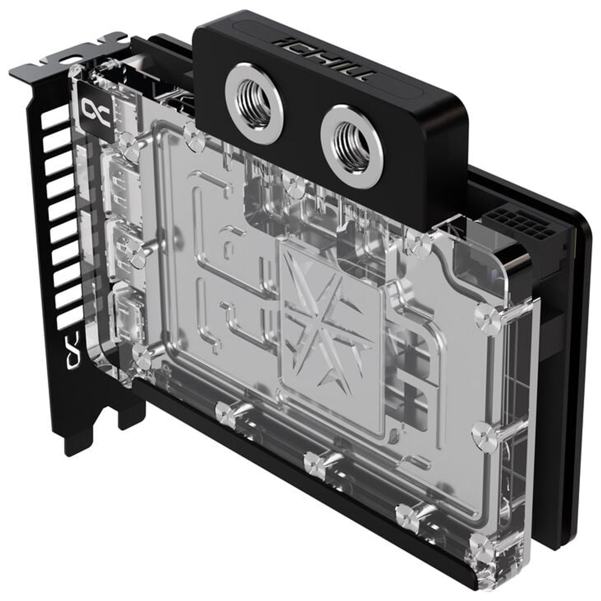 Czarny i przezroczysty blok wodny do komponentu komputera, z dwoma srebrnymi złączkami. Tło jest białe.