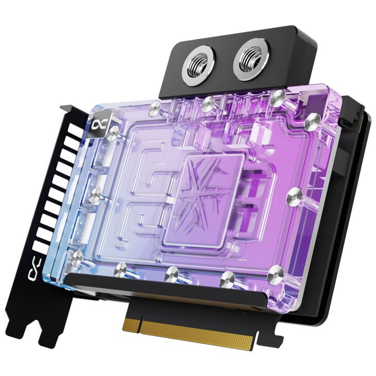 Karta graficzna z chłodzeniem wodnym. Fioletowy i niebieski schemat kolorów z przezroczystymi elementami.