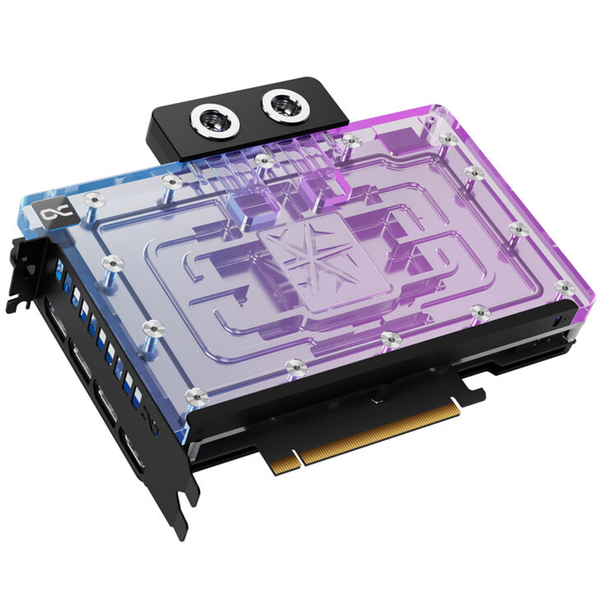 Przezroczysty, fioletowy i niebieski blok wodny do komputera z czarnymi złączkami. Ma czarną podstawę i srebrne śruby.