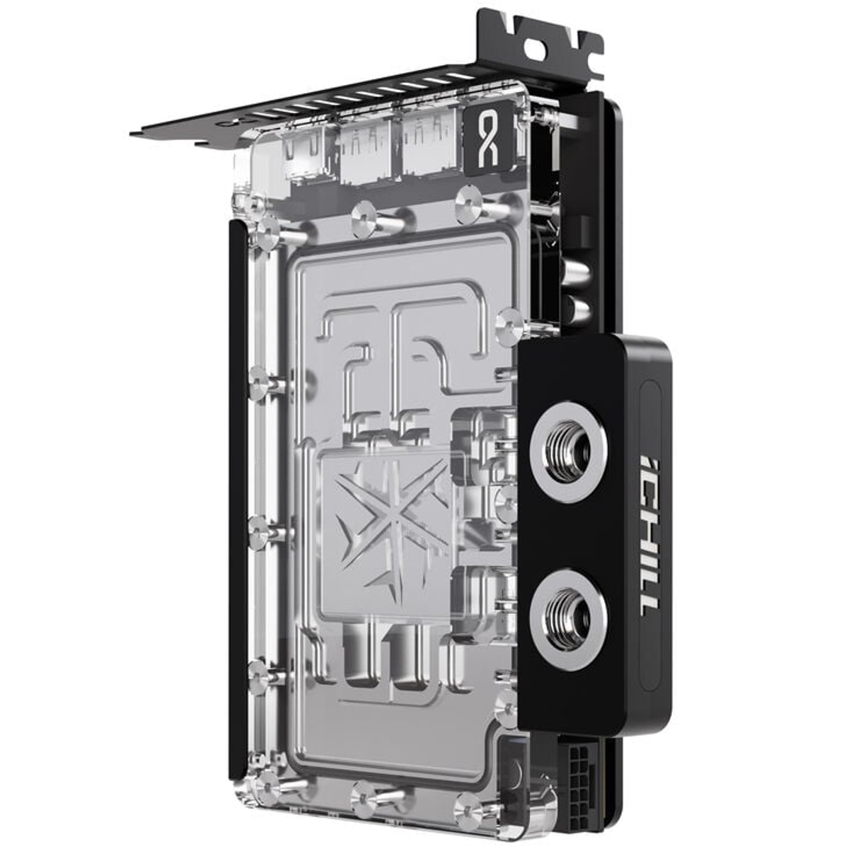 Przezroczysty blok chłodzenia wodnego z czarnymi akcentami. Srebrne wnętrze i logo Chill.