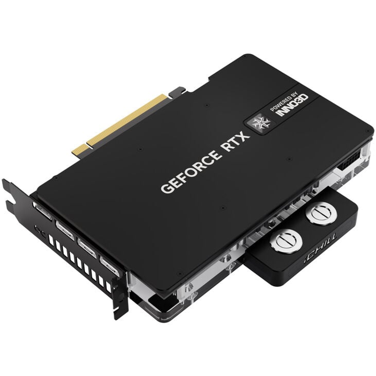 Czarna karta graficzna ze srebrnym logo i małym czarnym mocowaniem z boku.