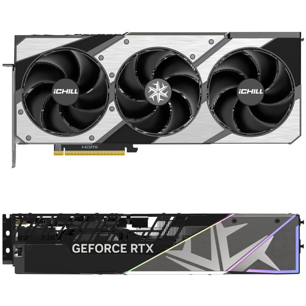 Karta graficzna z trzema wentylatorami i etykietą 'GEFORCE RTX'.