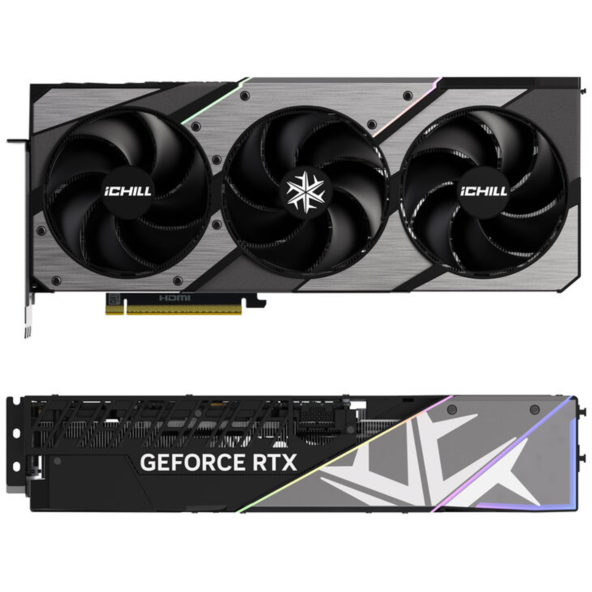 Dwie karty graficzne do komputera, z czarnymi wentylatorami i srebrną płytą tylną.