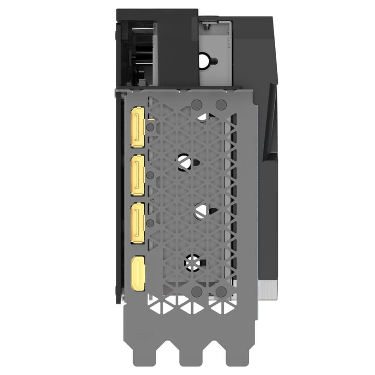 Karta graficzna, widok z boku. Pokazuje złącza i metalowy wspornik. Karta jest czarna i szara.