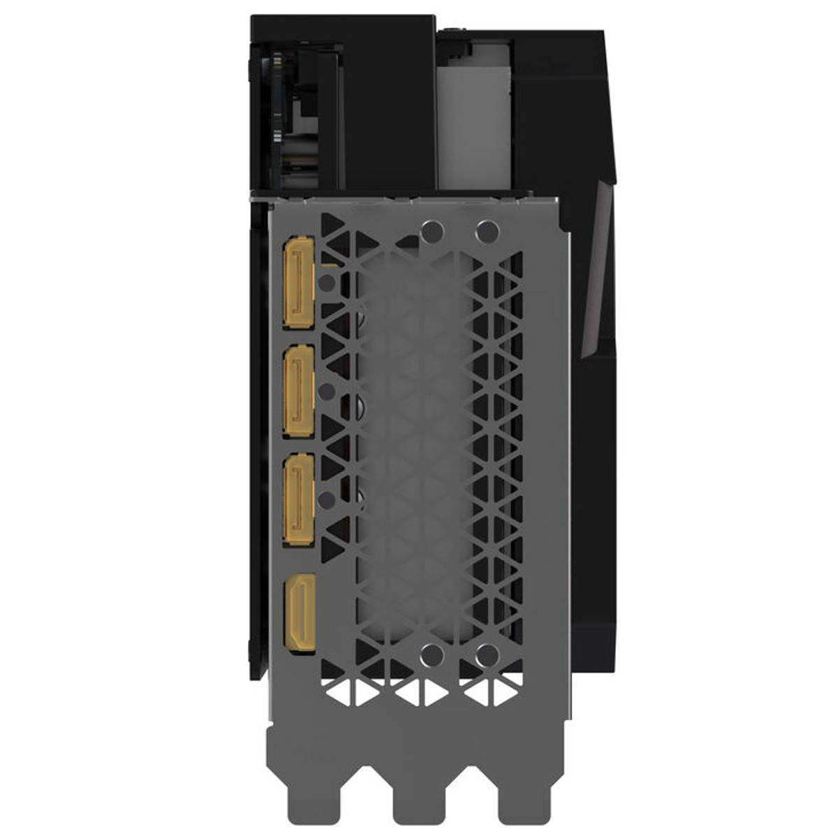 Widok z boku czarnej karty graficznej z wieloma złotymi portami.