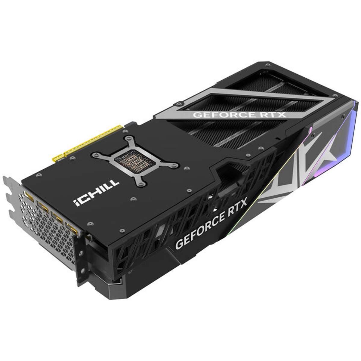 Czarna karta graficzna ze srebrnymi akcentami. Na karcie widoczne są napisy 'Chill' i 'GeForce RTX'.