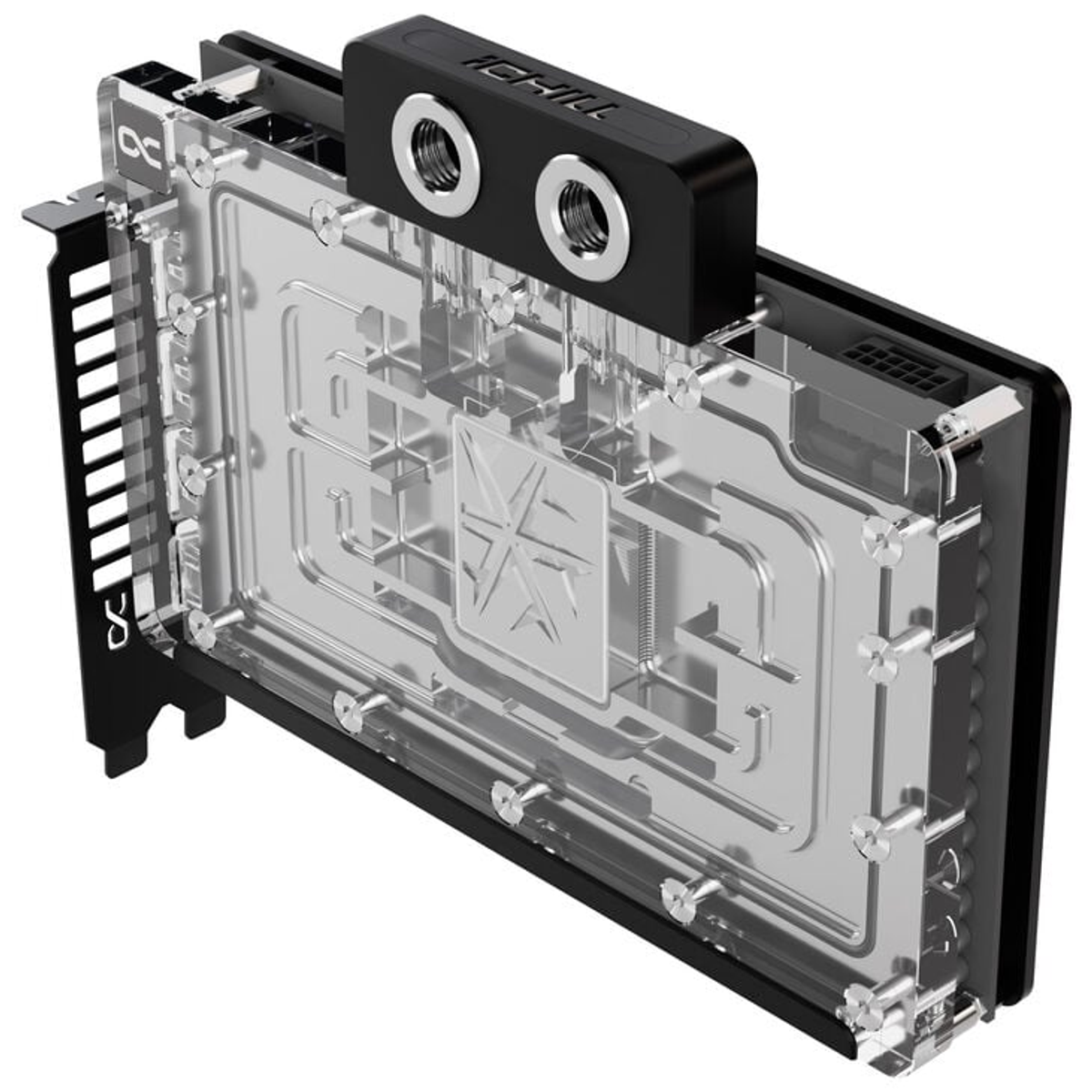 Przezroczysty blok wodny do komputera z czarnymi akcentami i logo iChill.