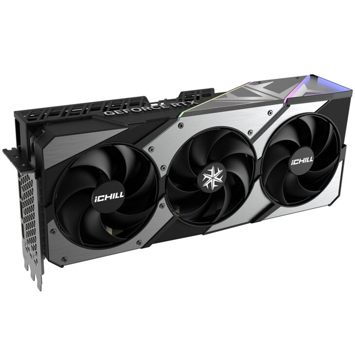 Czarna i srebrna karta graficzna z trzema wentylatorami, oznaczona iCHILL. Karta mówi GeForce RTX.