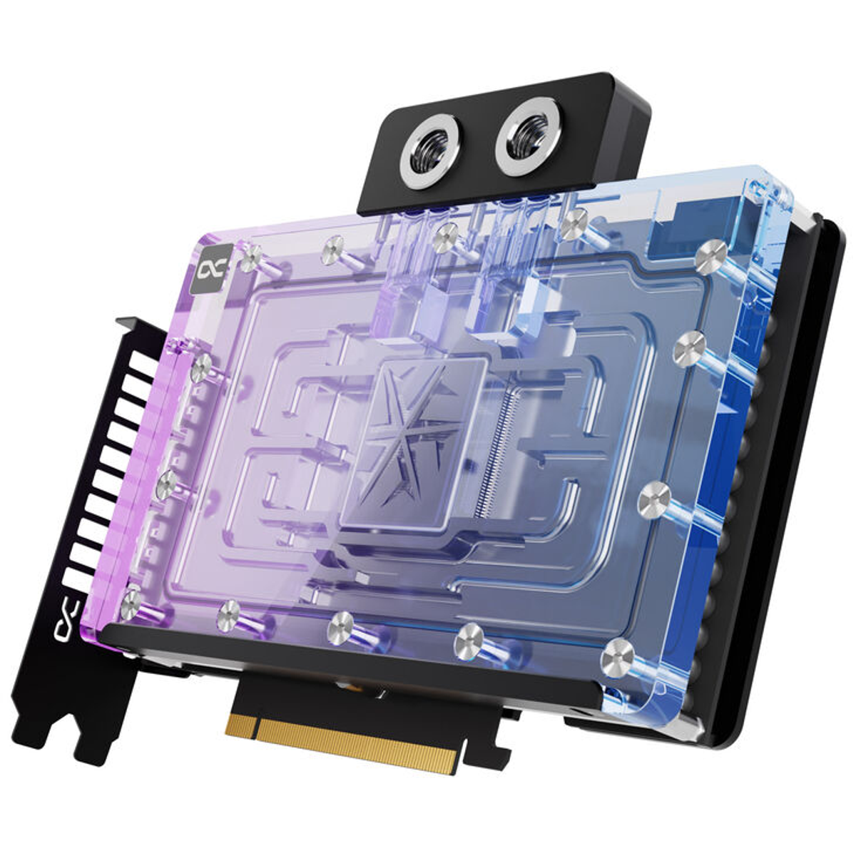 Przezroczysty blok wodny do komputera z fioletowymi i niebieskimi odcieniami. Ma srebrne śruby i czarne złącze.