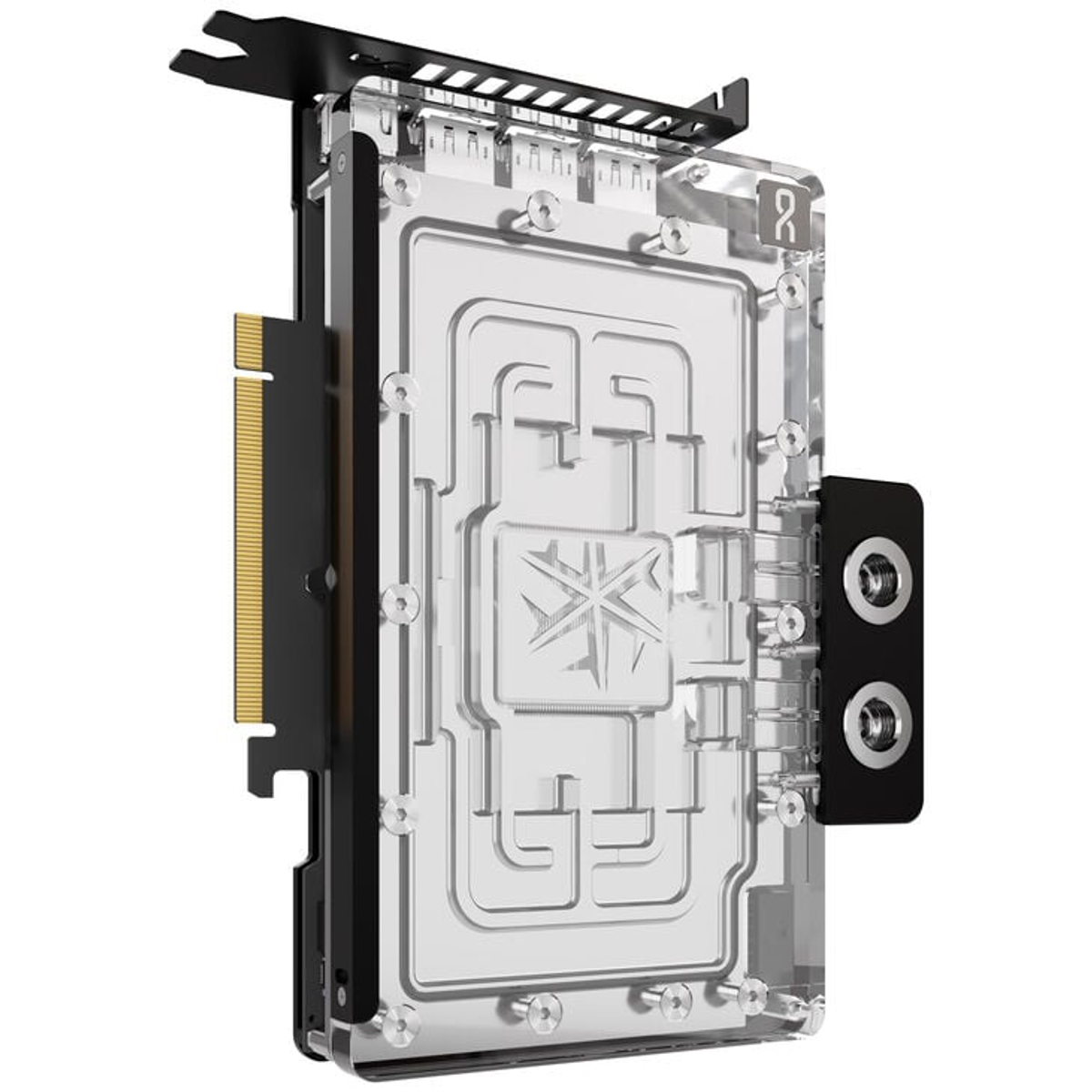 Przezroczysty blok wodny do karty graficznej. Posiada geometryczny wzór i metalowe elementy.