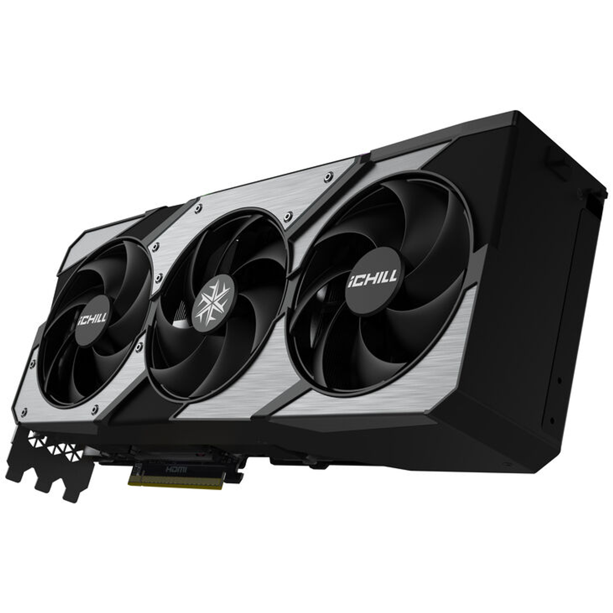 Karta graficzna do gier z trzema wentylatorami, szaro-czarny design, z napisem iChill.