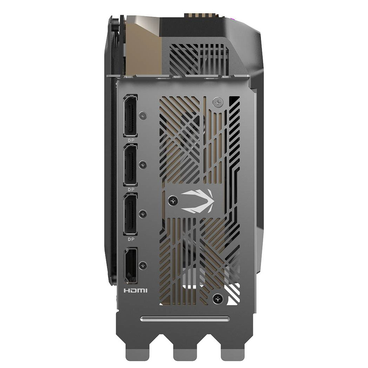 Karta graficzna z portami, metalową płytą tylną i logo Zotac, widok z boku.