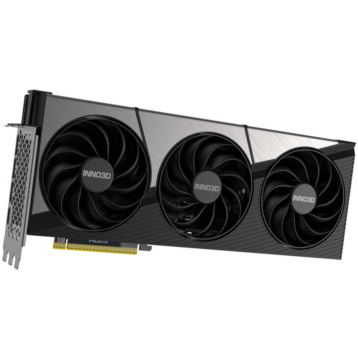 Zwarte en zilveren computer grafische kaart met drie ventilatoren. INNO3D logo zichtbaar.