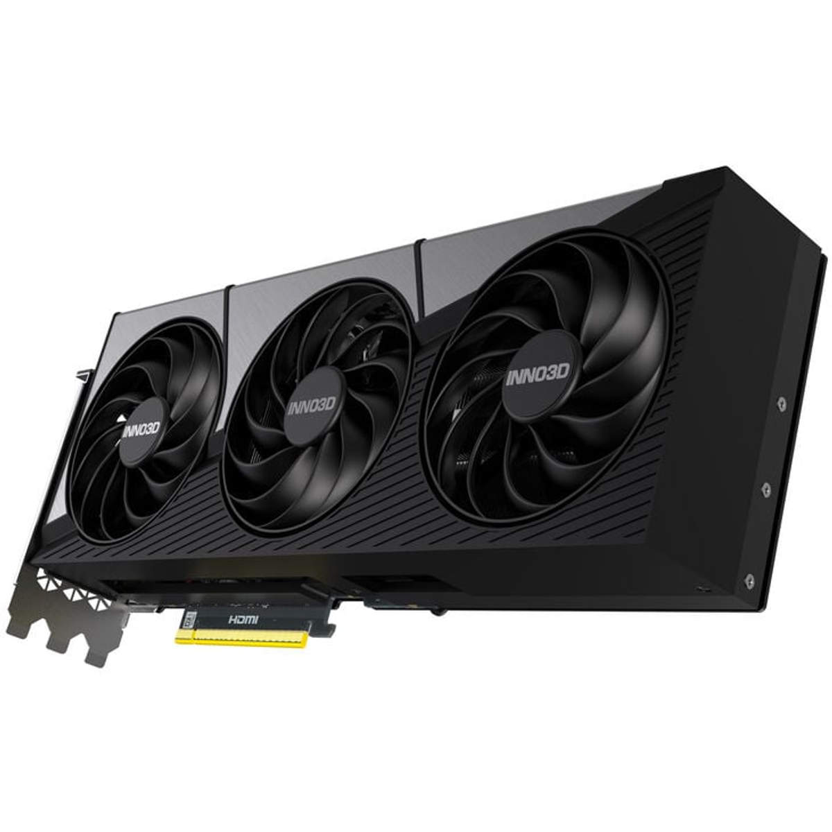 Zwarte en zilveren grafische kaart met drie ventilatoren, HDMI-poort.