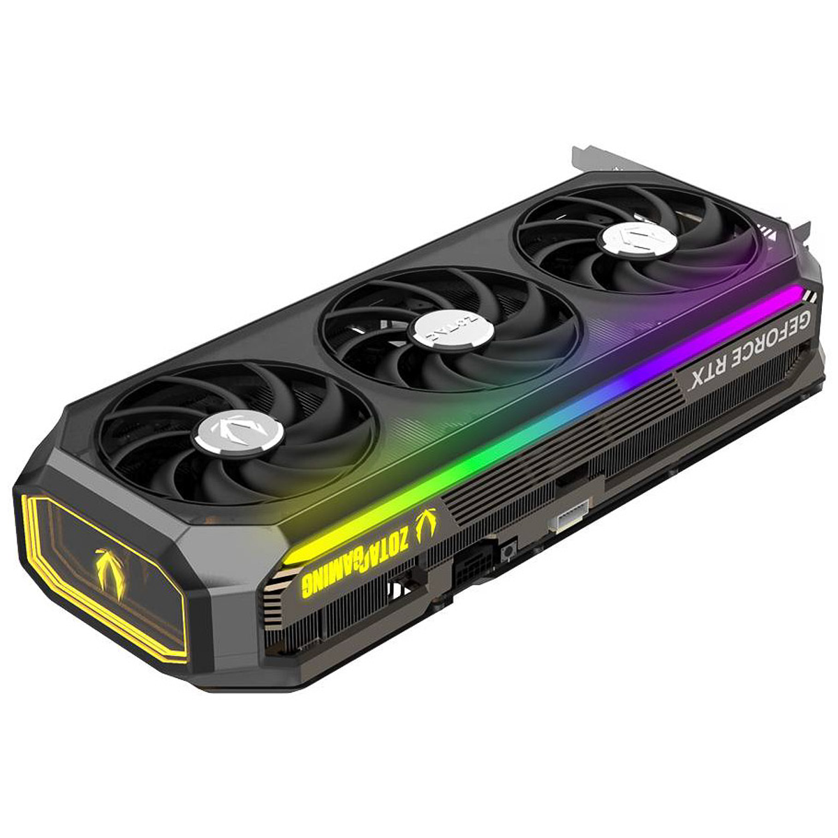 Czarna i srebrna karta graficzna z trzema wentylatorami i kolorowym oświetleniem.