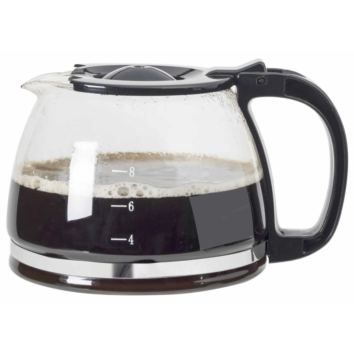Caraffa in vetro riempita di caffè scuro, contrassegnata con livelli. Manico nero, sfondo bianco.