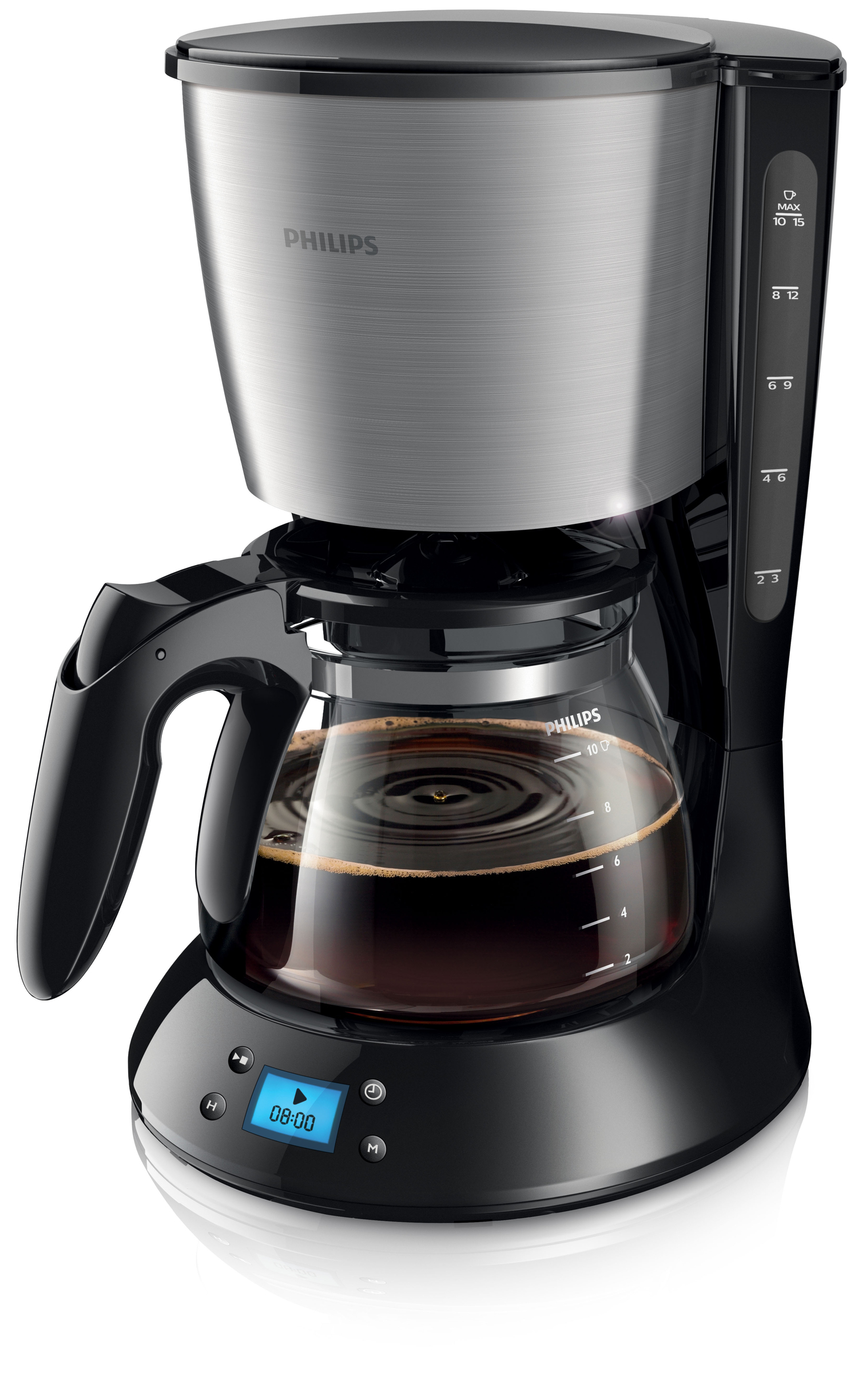 Macchina da caffè nera con una caraffa in vetro piena di caffè. Dettagli neri e argento.