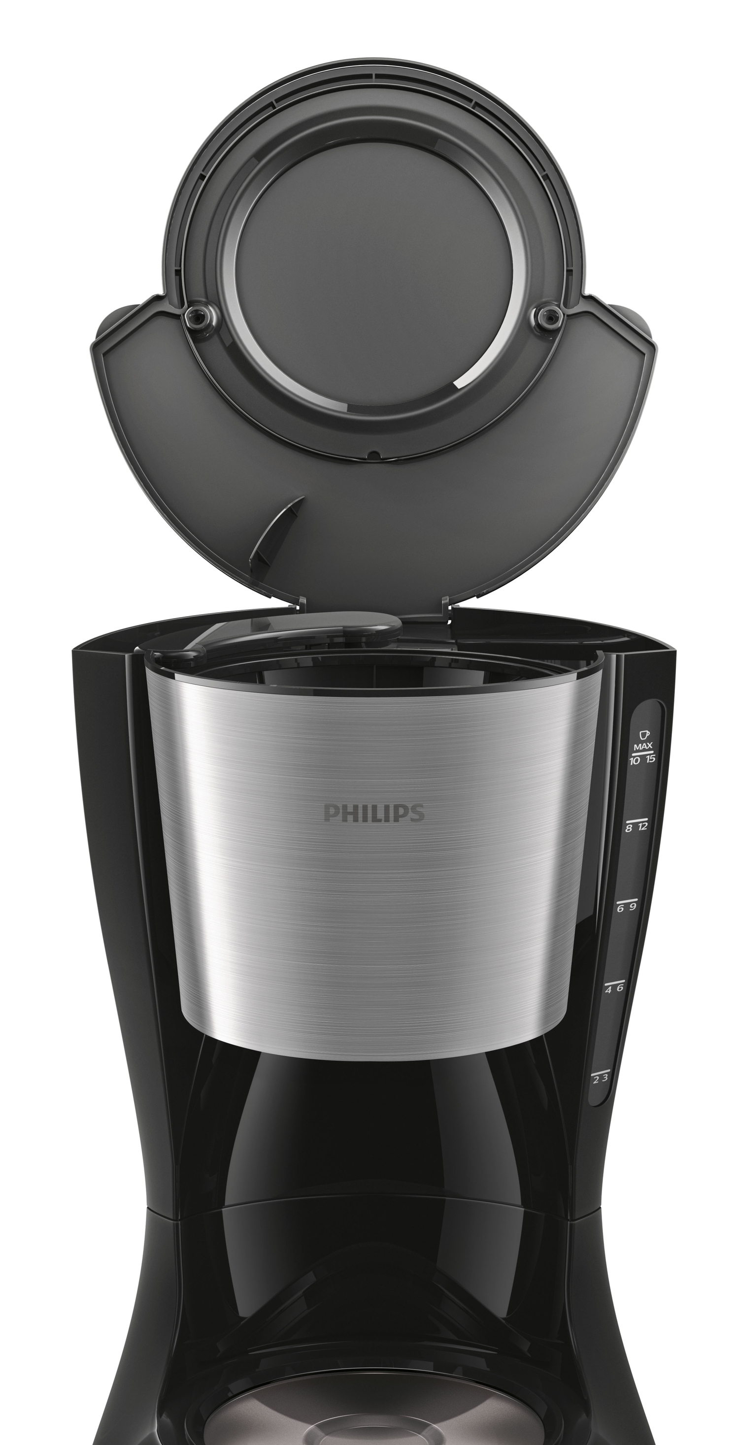 Macchina da caffè Philips nera e argento, aperta, con caraffa in acciaio inox all'interno.