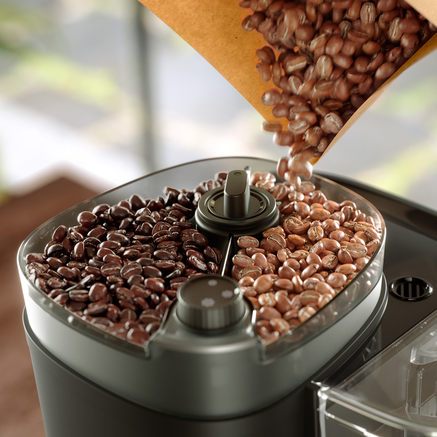 I chicchi di caffè vengono versati in un macinacaffè. Il macinacaffè è diviso in due sezioni, ognuna con un tipo di chicco diverso.