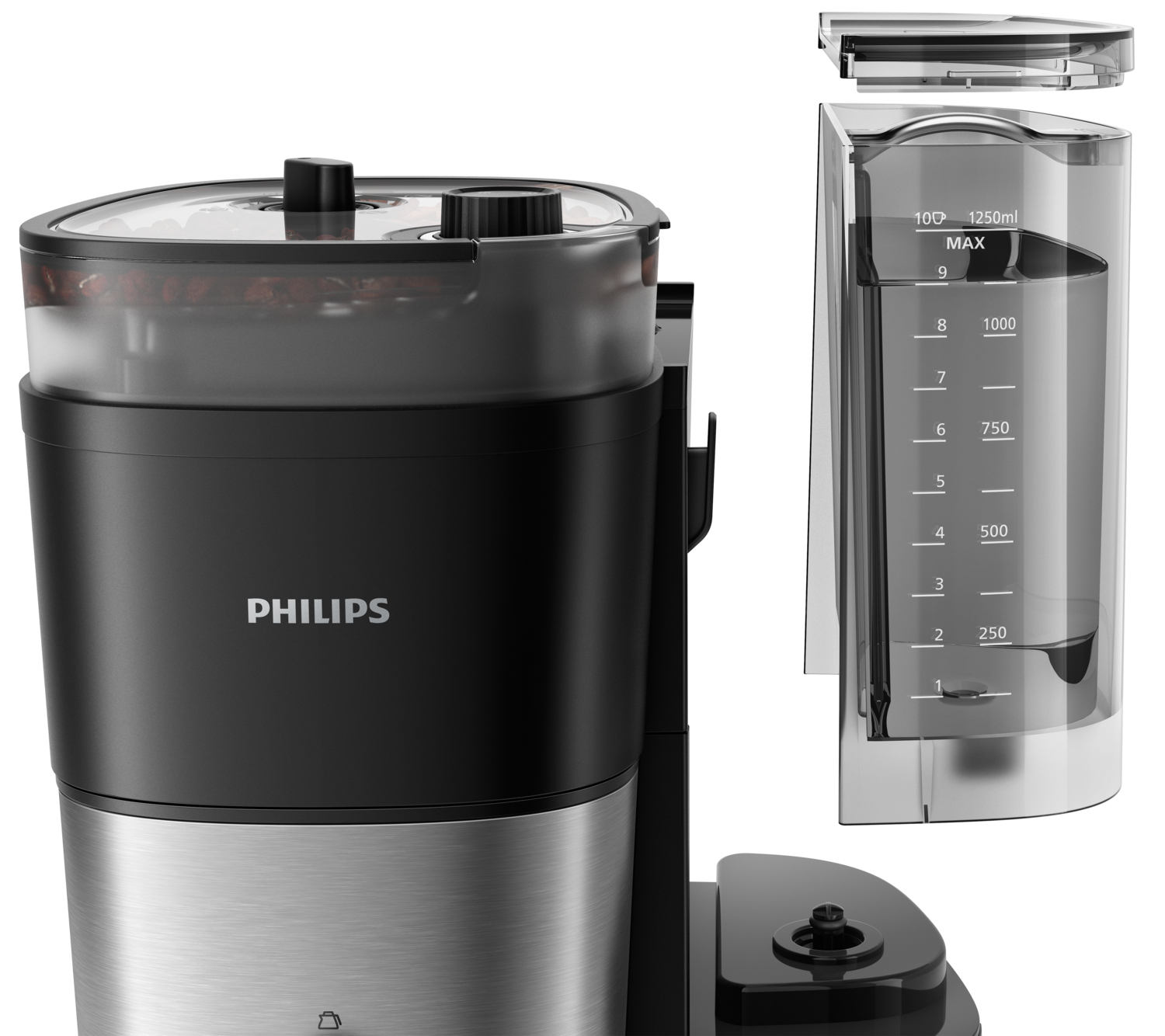 Macchina da caffè con design nero e argento, contenitore in vetro e indicatore del livello dell'acqua.