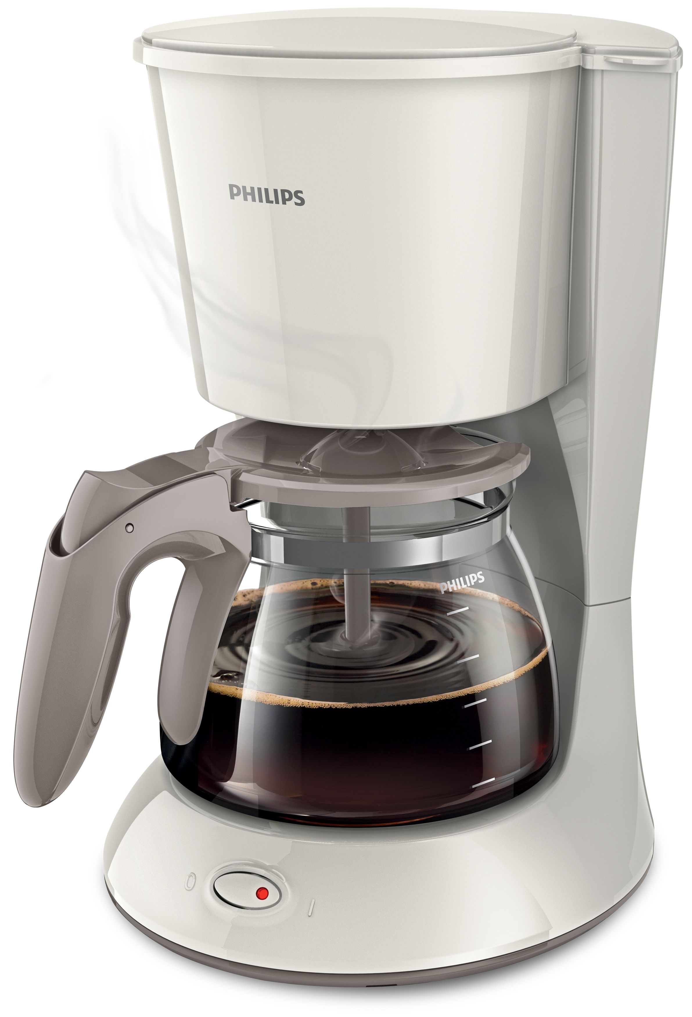 Cafetera Philips blanca con jarra de vidrio llena de café. El vapor sale de la parte superior.