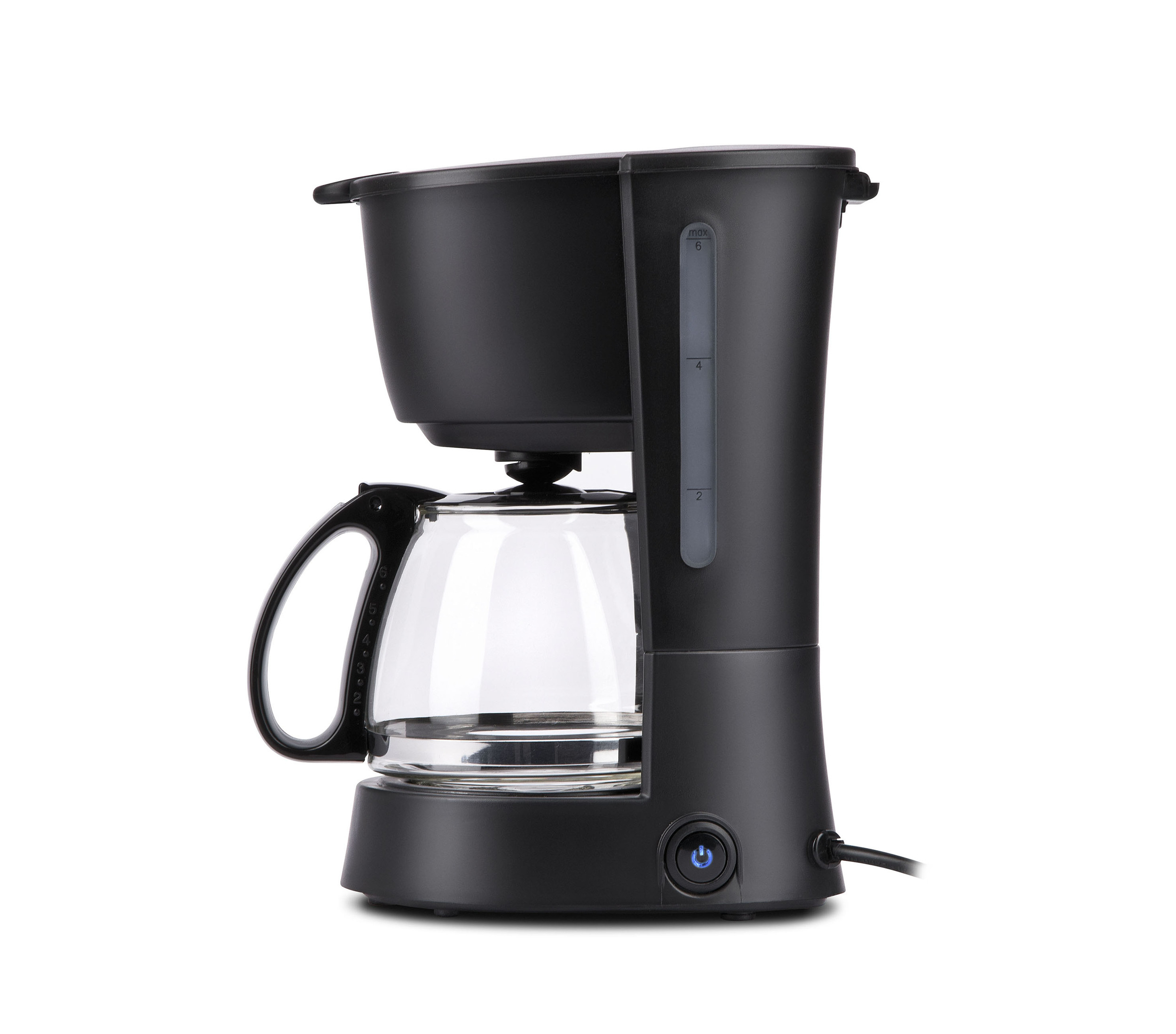 Czarny ekspres do kawy ze szklaną karafką na białym tle. Karafka jest pusta.