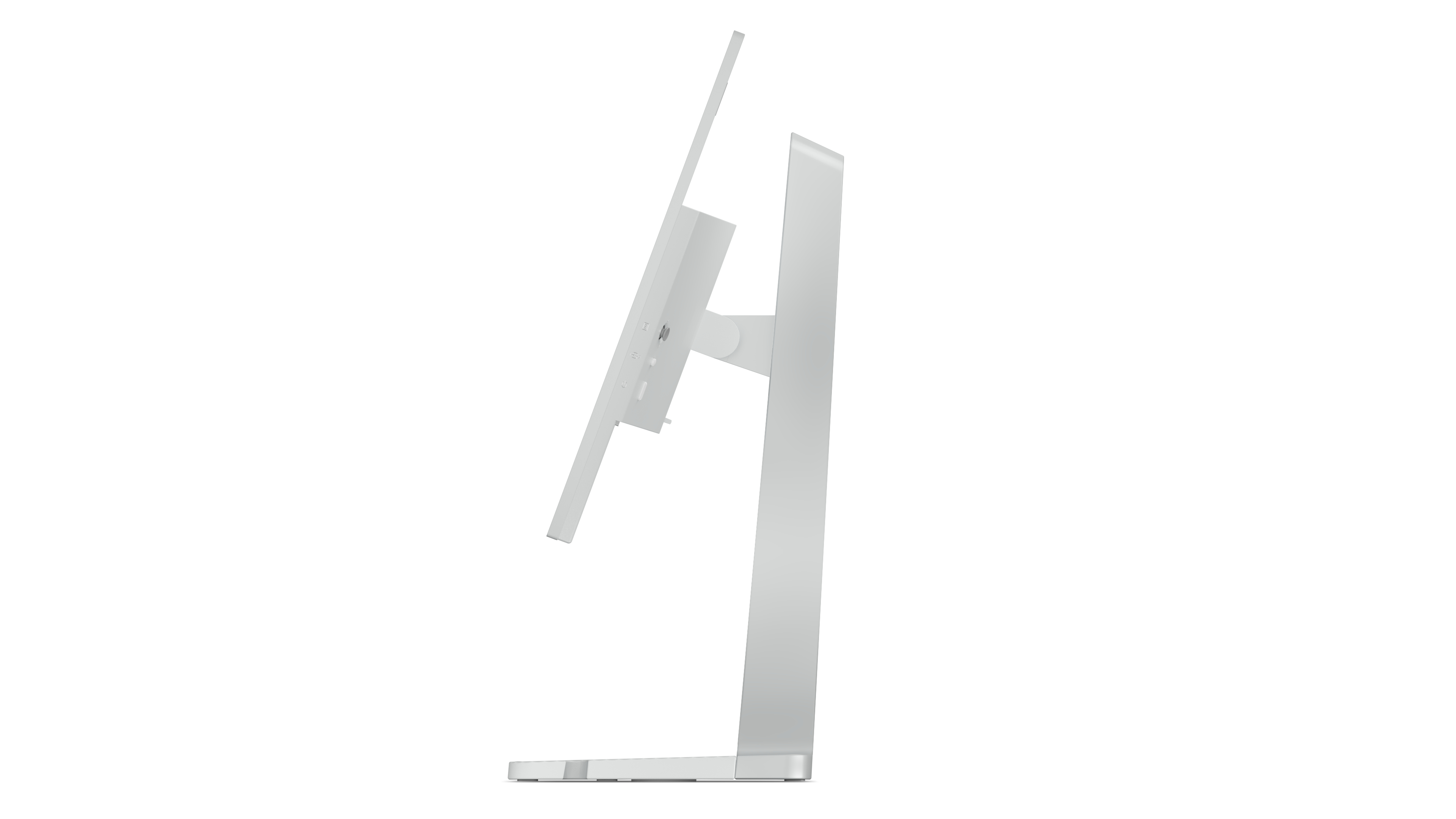 Srebrny monitor komputerowy z białym tłem. Monitor jest ustawiony pod kątem.