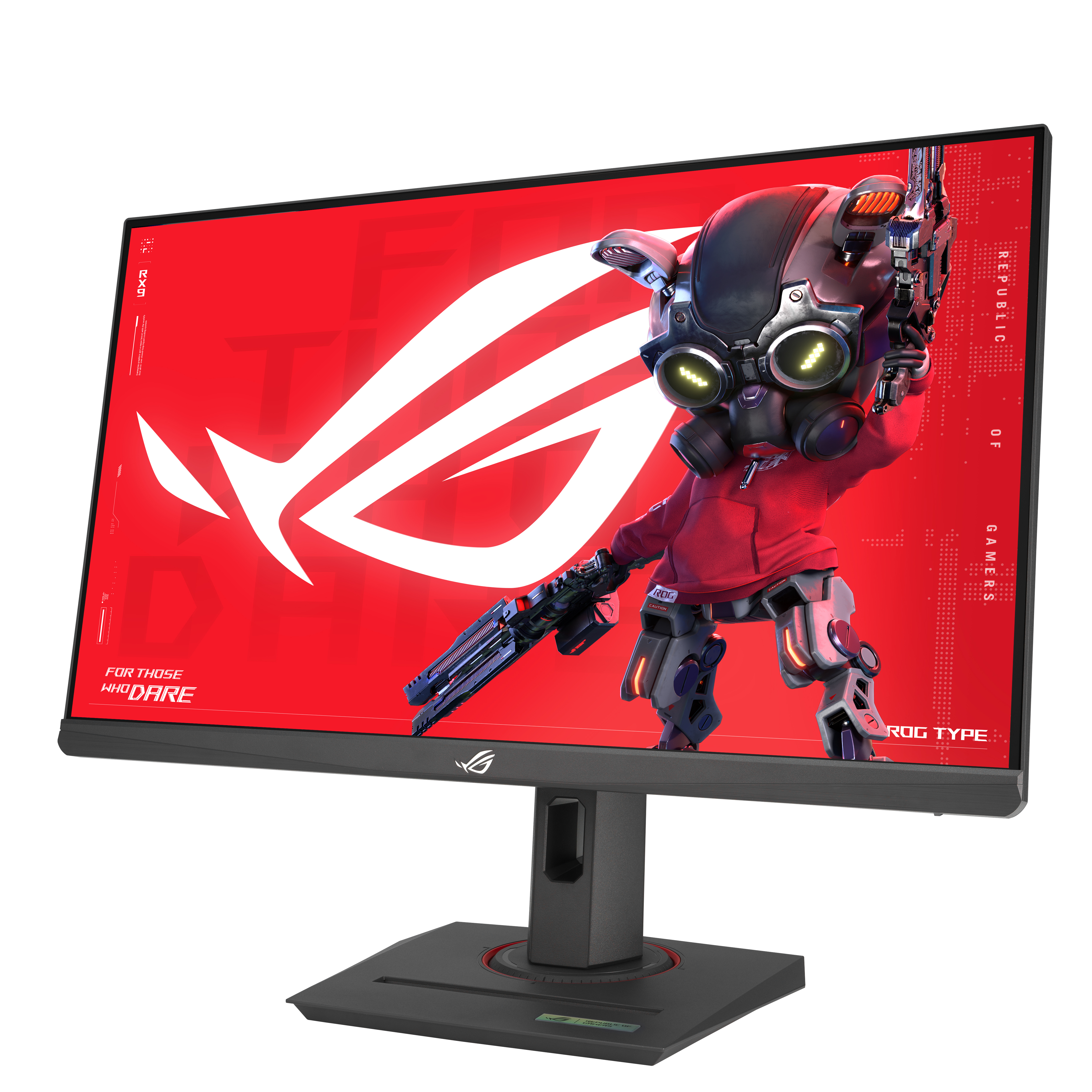 Un écran d'ordinateur affiche un dessin animé. Il a un fond rouge avec le logo ROG et un personnage ressemblant à un robot.