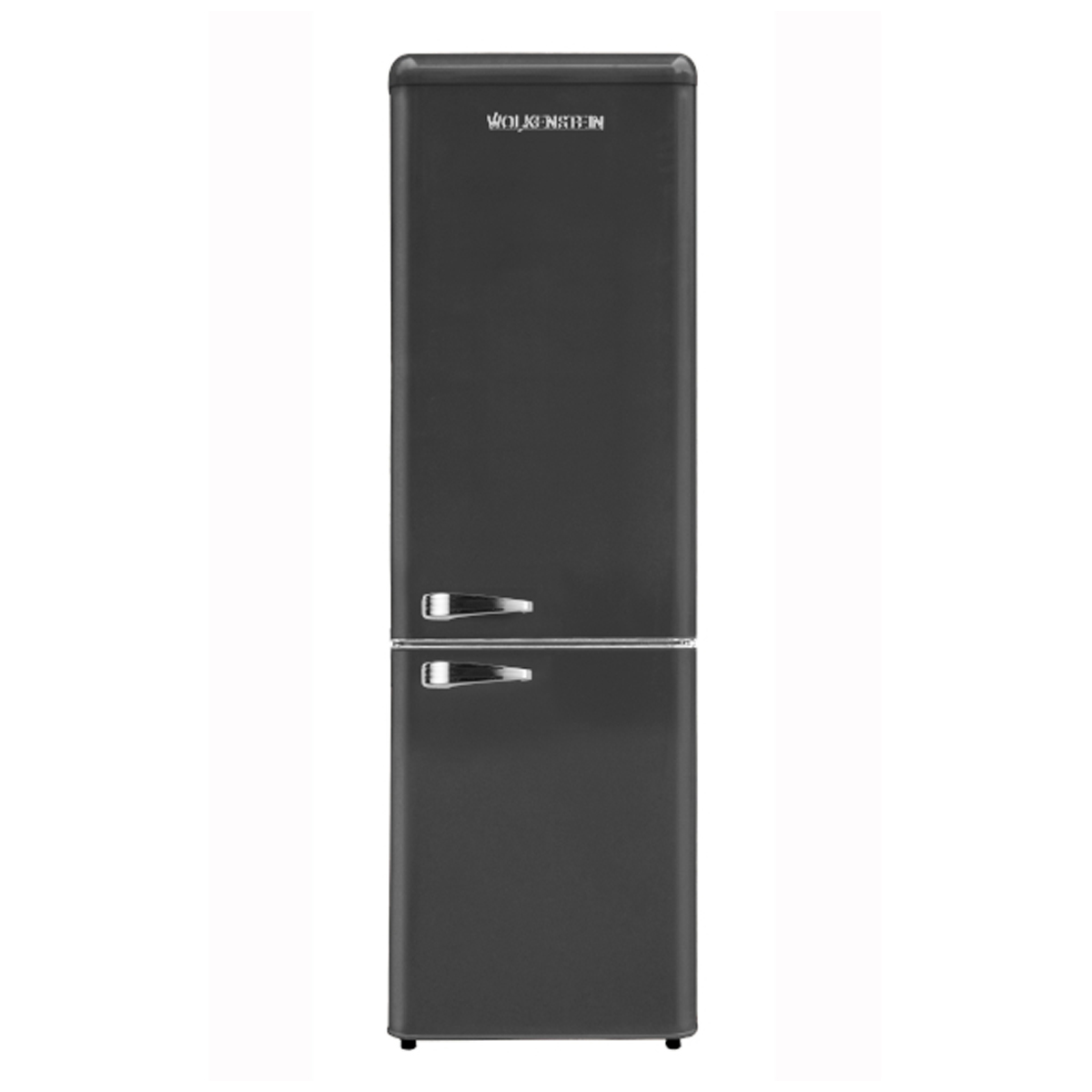 Schwarzer Kühlschrank mit zwei Türen. Silberne Griffe. Weißer Hintergrund.