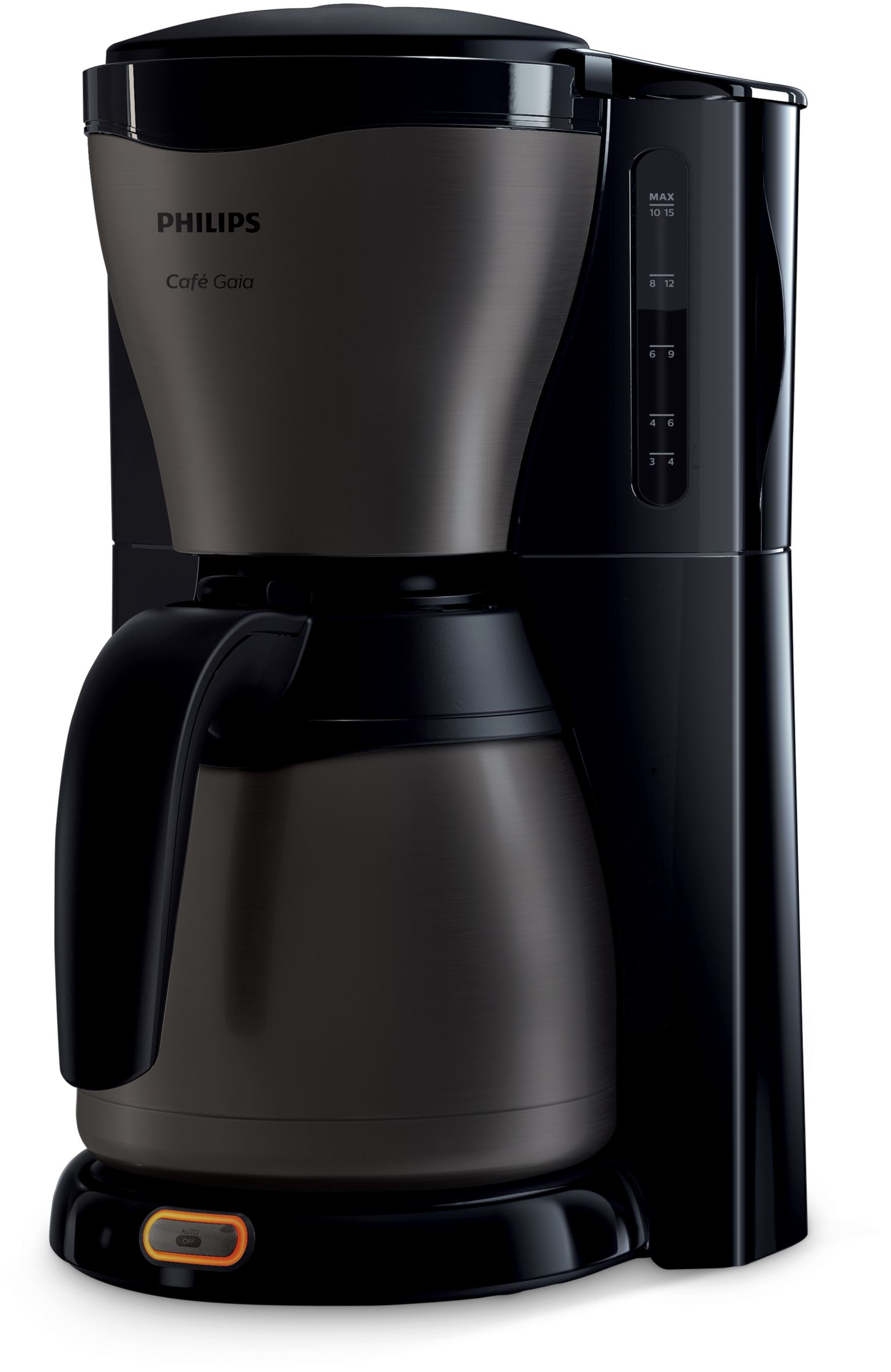 Black coffee maker with an orange power button. It has a black and bronze color scheme.