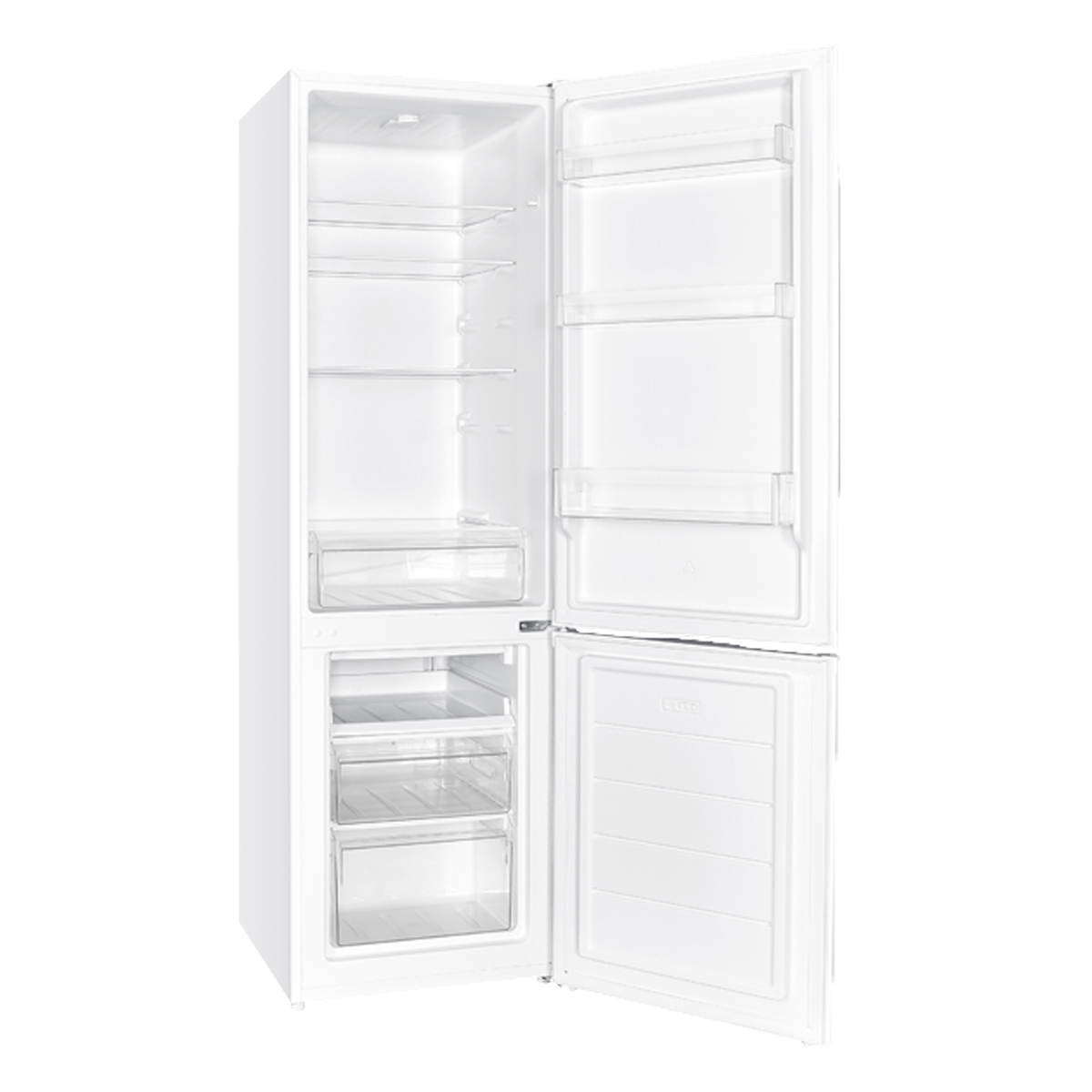 Weißer Kühlschrank mit offenen Türen, zeigt Regale und Schubladen. Weißer Hintergrund.