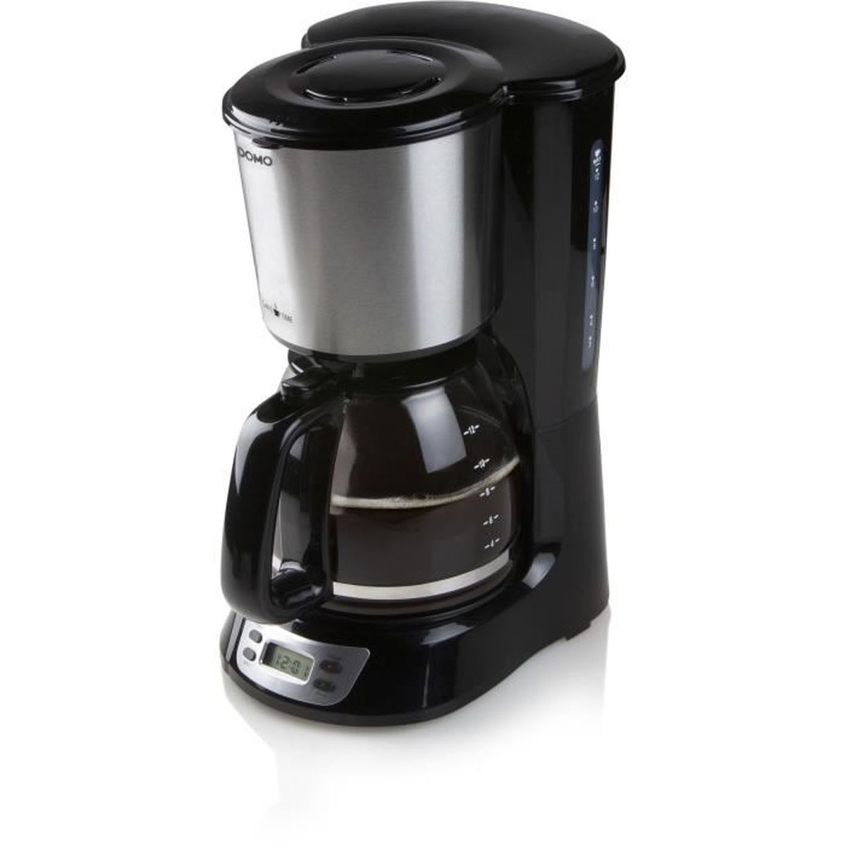 Cafetera DOMO negra con tapa de acero inoxidable y jarra de vidrio.