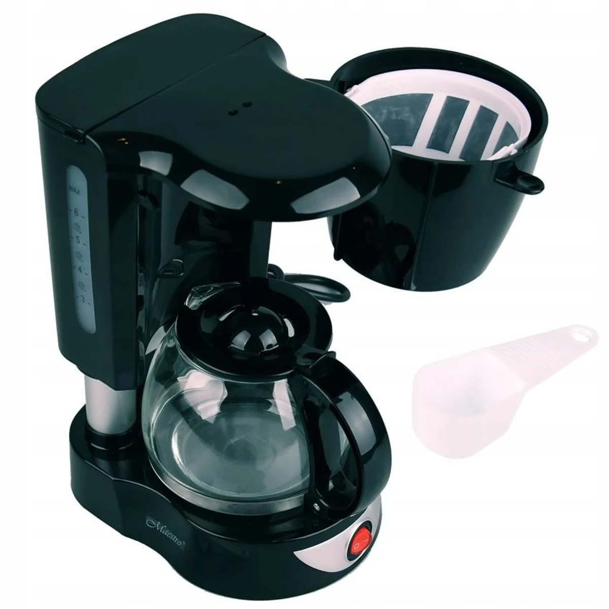 Cafetera Maestro negra con jarra de vidrio y cuchara medidora.