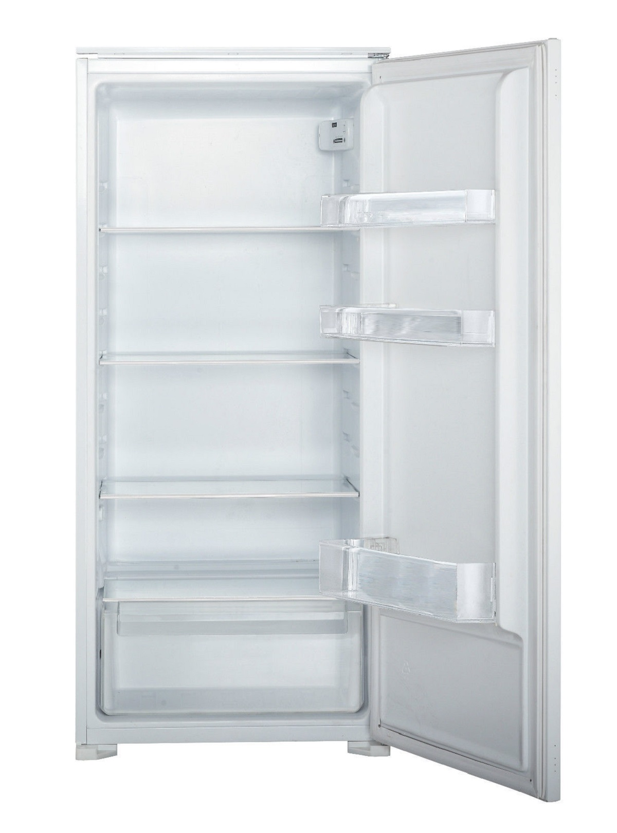 Leerer weißer Kühlschrank mit Regalen, Schubladen und offener Tür, Innenansicht.