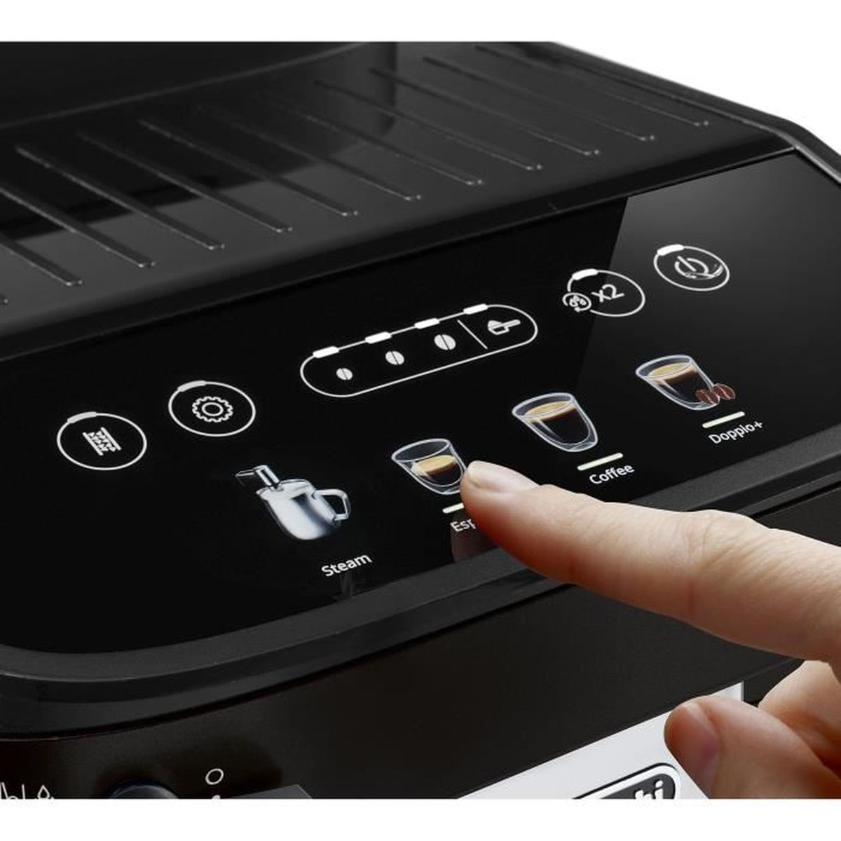 Close-up of a black espresso machine's touch screen. Options include steam and coffee.