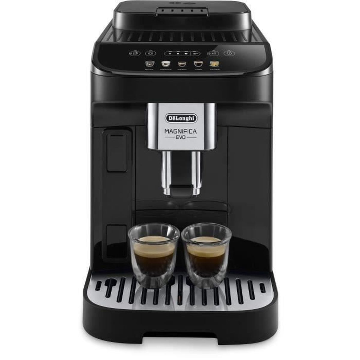 Czarny ekspres do kawy Delonghi Magnifica Evo z dwiema szklankami espresso na podstawie.