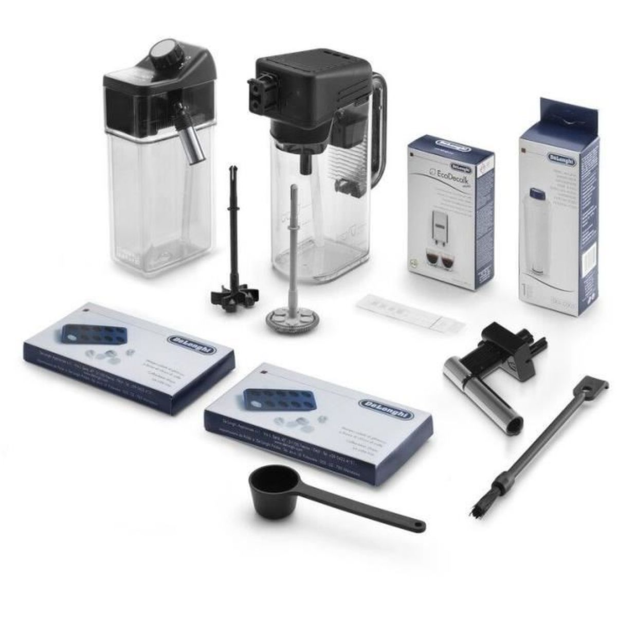 Części ekspresu do kawy. Zawiera pojemniki na wodę, filtr i inne małe elementy.