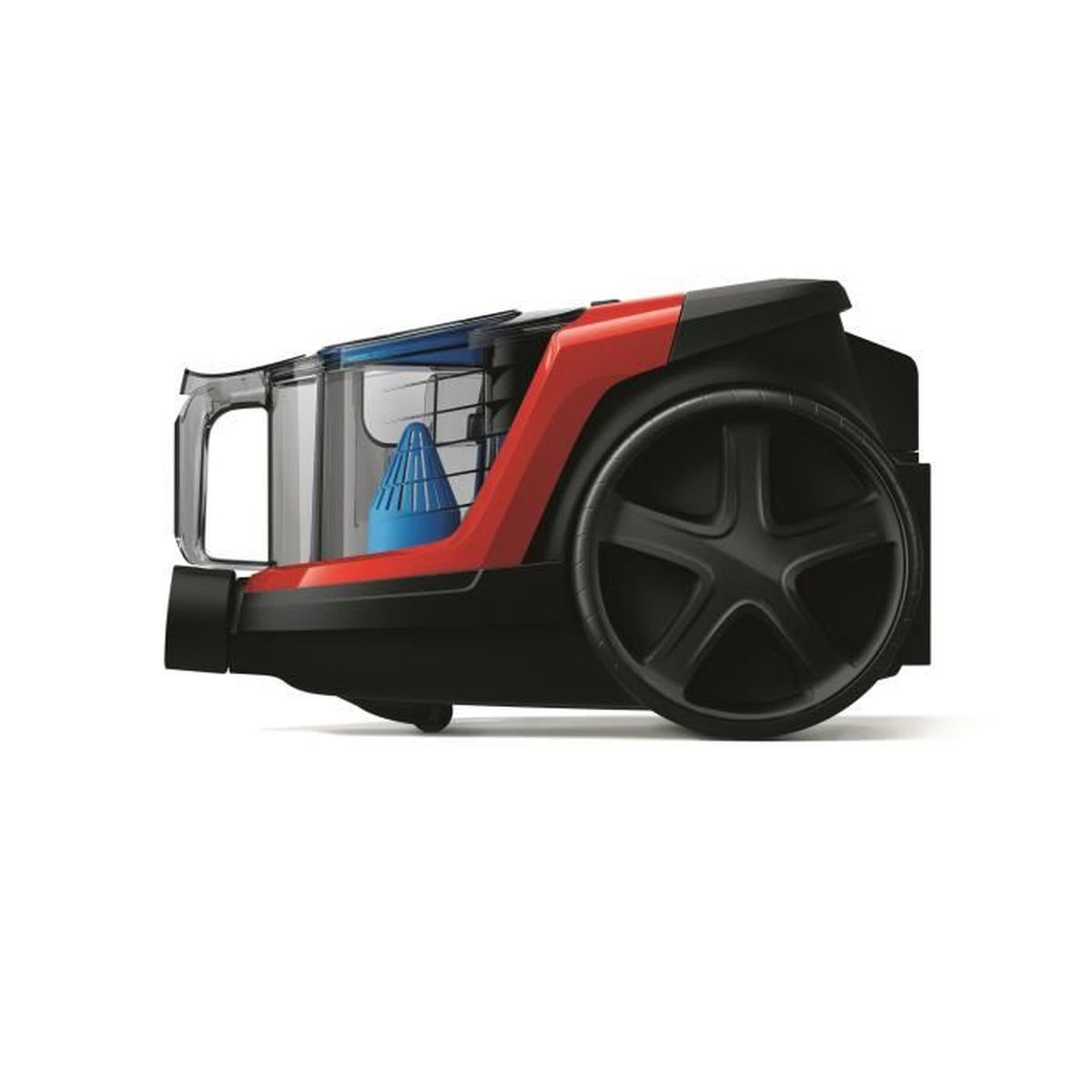 Widok z boku czarnego i czerwonego odkurzacza z przezroczystym pojemnikiem.