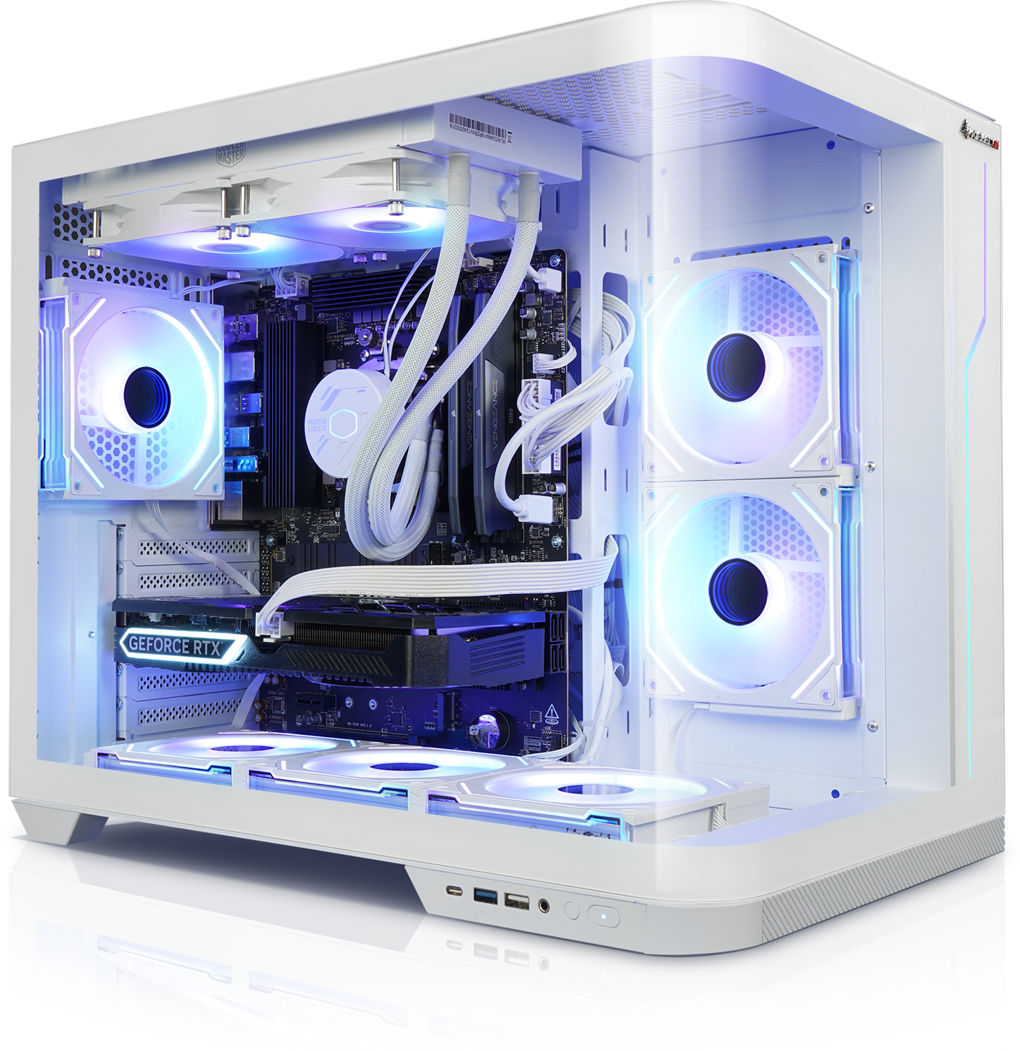 Weißer Computer-Tower, zeigt innere Komponenten mit Lüftern und Lichteffekten.