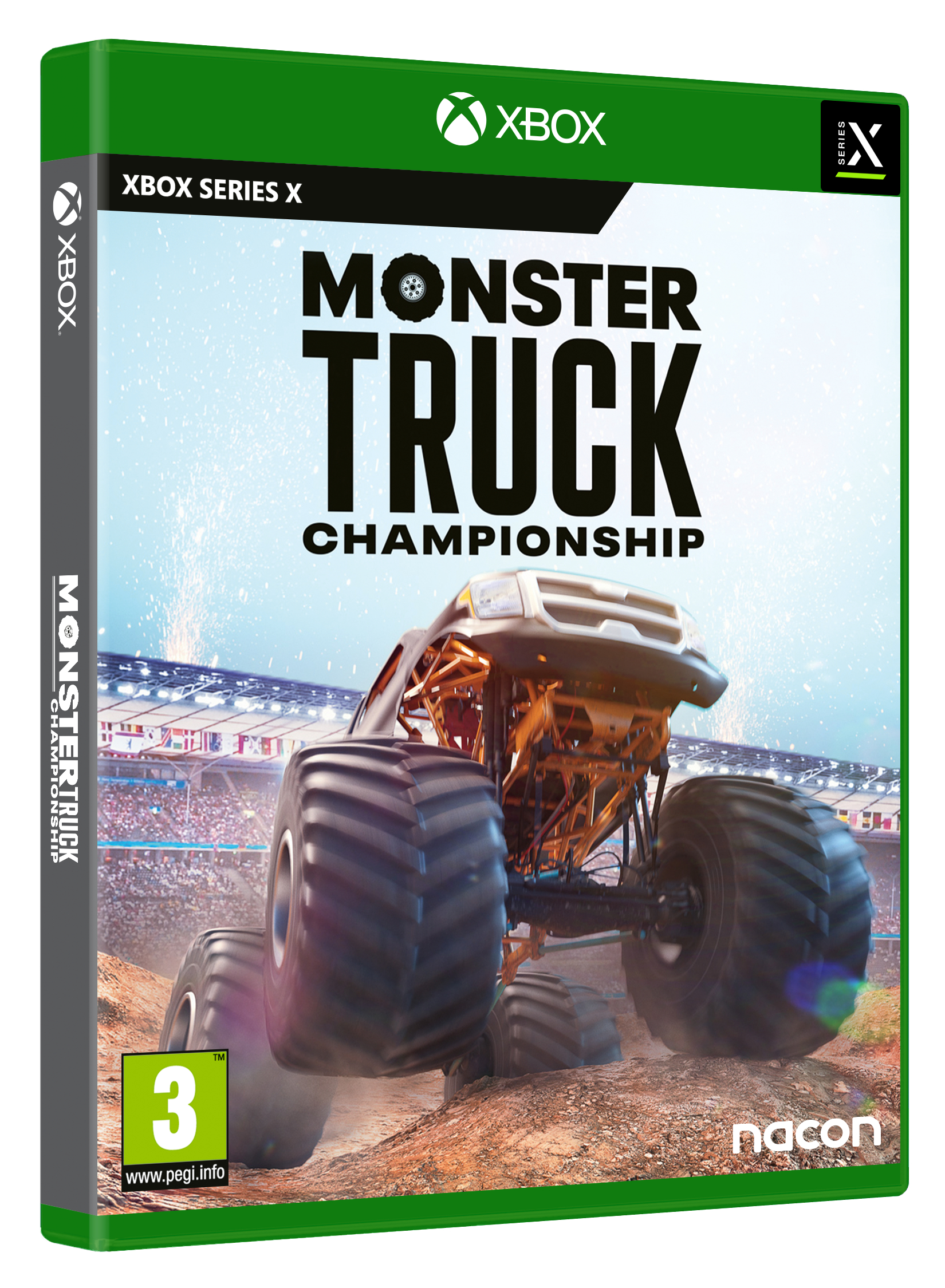Pudełko z grą Monster Truck Championship. Zielone pudełko z monster truckiem na okładce.