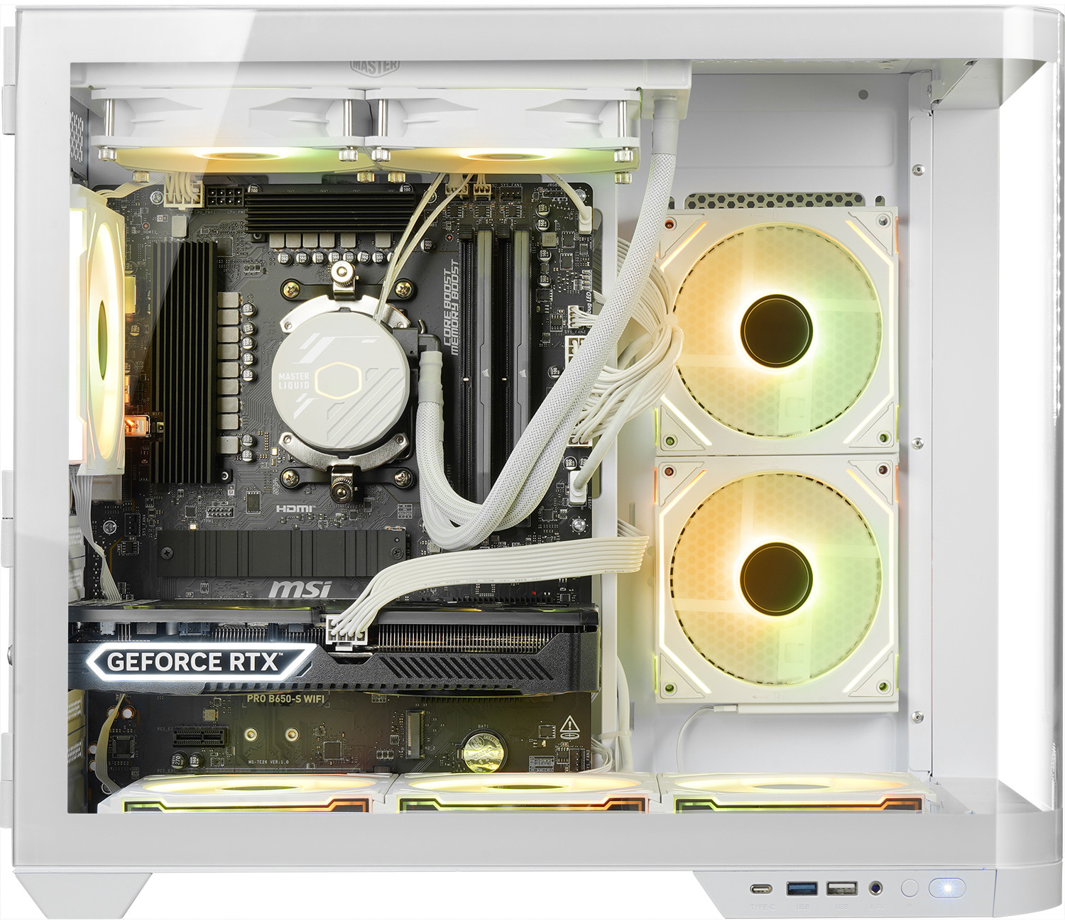 Weißes PC-Gehäuse mit Komponenten: Motherboard, GPU, Lüfter und Wasserkühler.