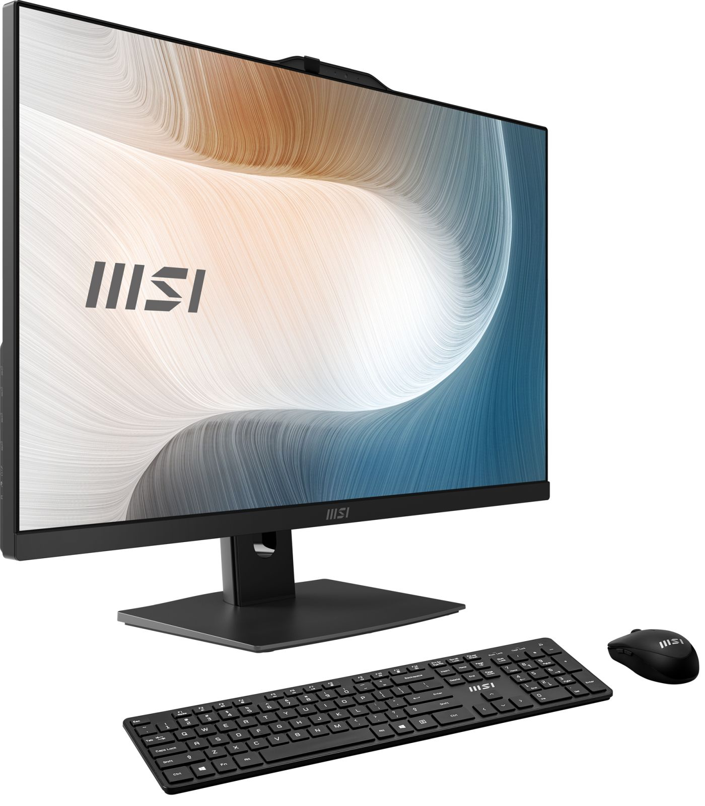 Ein schwarzer MSI All-in-One-Desktop-Computer mit Tastatur und Maus.
