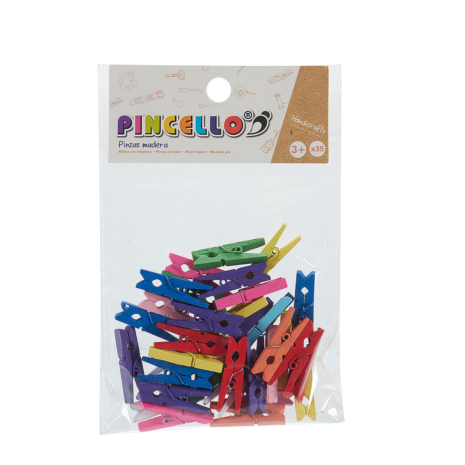 Una bolsa de pinzas de ropa de madera de colores en varios colores; rosa, azul, verde, amarillo, rojo.
