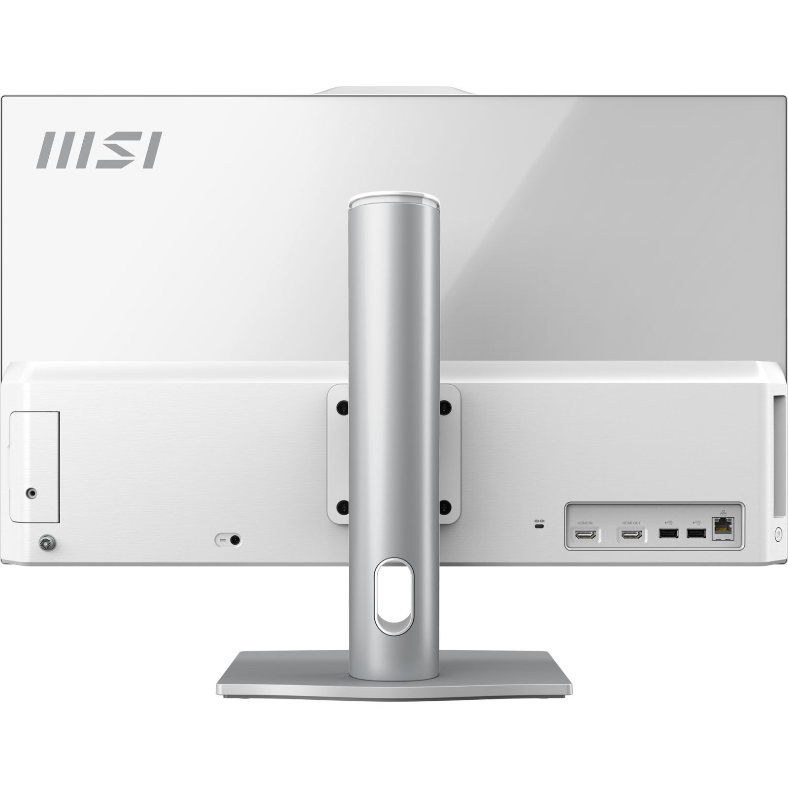 Weißer Computermonitor mit silbernem Ständer. Rückansicht mit Anschlüssen und MSI-Logo.
