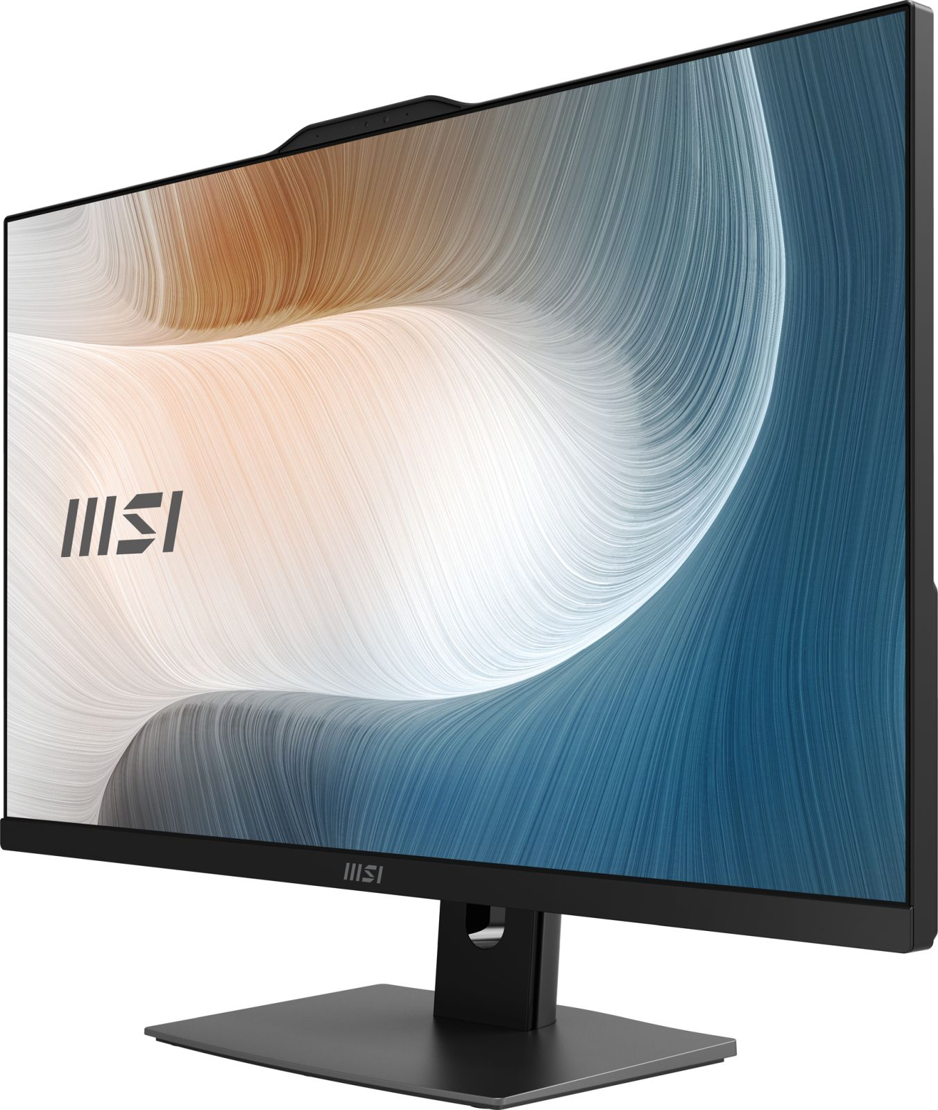 Ein schwarzer Computermonitor mit schwarzem Ständer auf weißem Hintergrund.