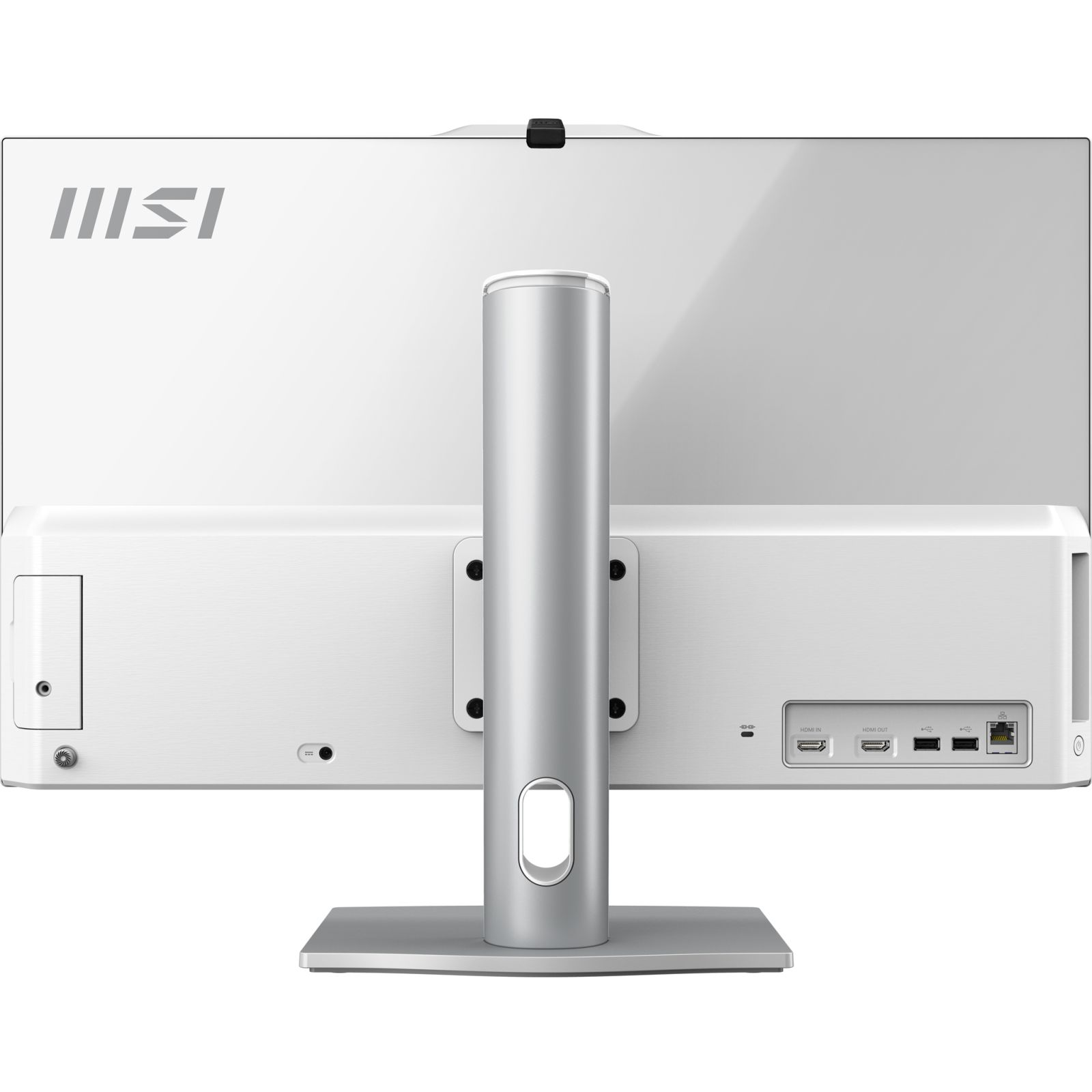 Weißer Computermonitor von MSI. Er hat einen silbernen Ständer und Anschlüsse auf der Rückseite.