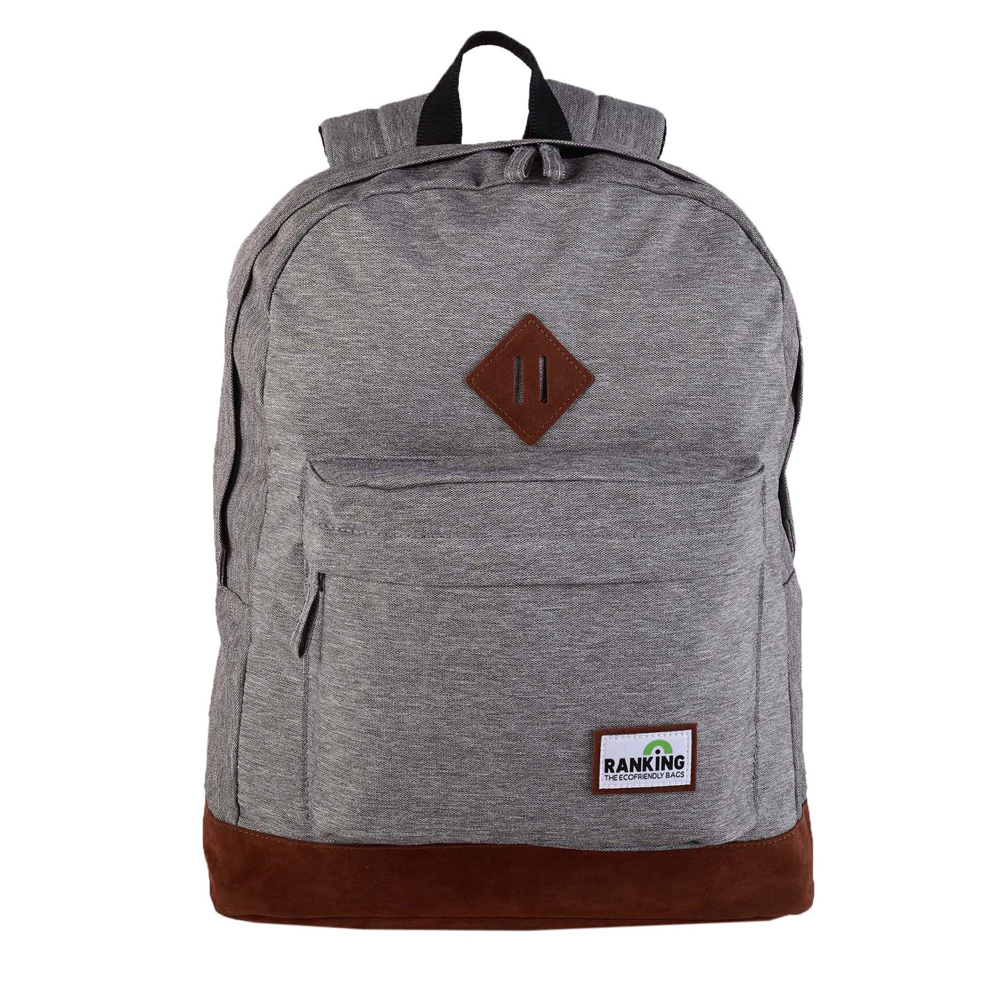 Zaino grigio con toppa in pelle marrone. Ha una tasca frontale e una piccola toppa con un logo.